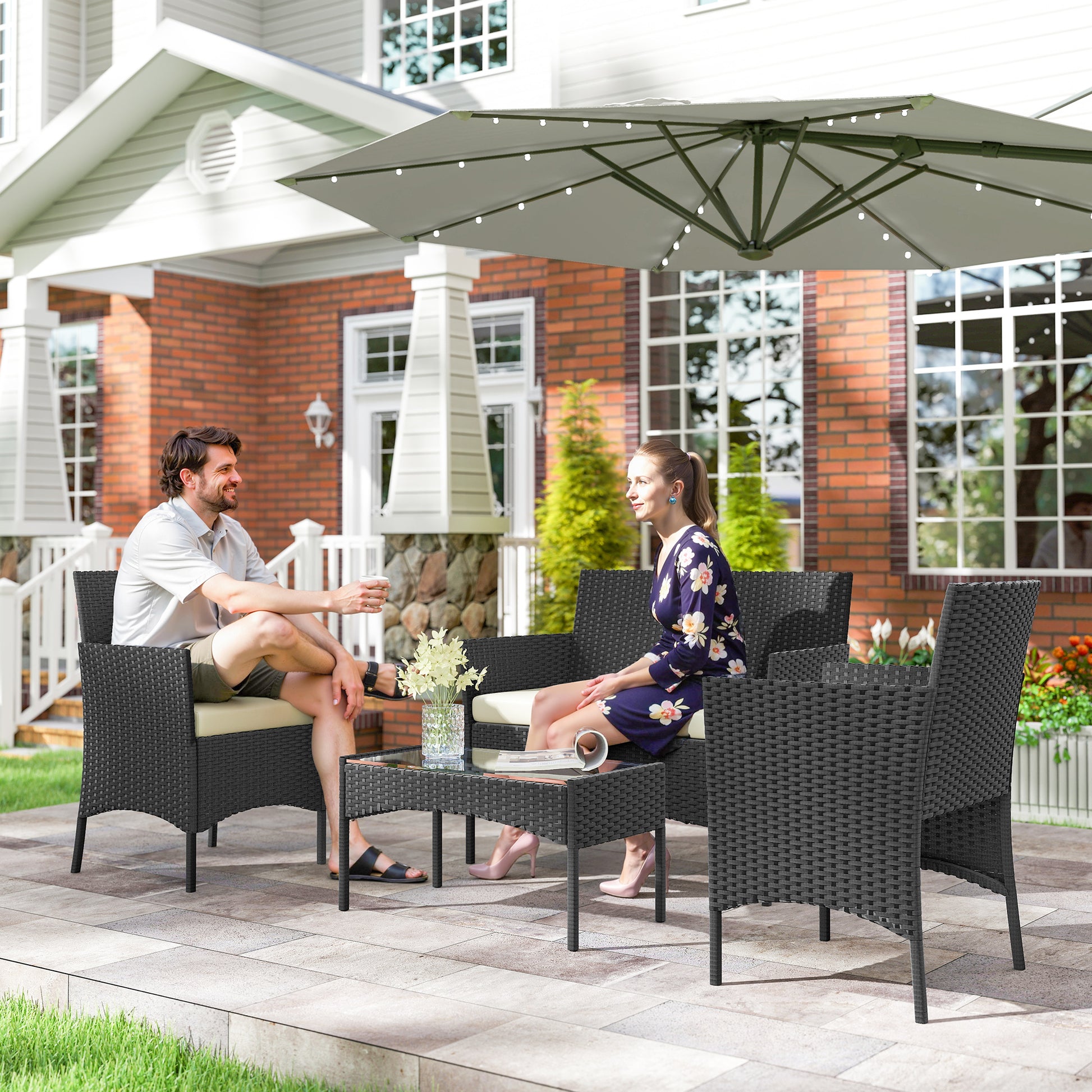 Outsunny Conjunto Jardín Exterior de Ratán con Cojines Conjunto Terraza Resistente a la Intemperie Muebles Jardín Exterior con 2 Sillones Sofá de 2 Plazas Mesa con Cristal Negro y Crema