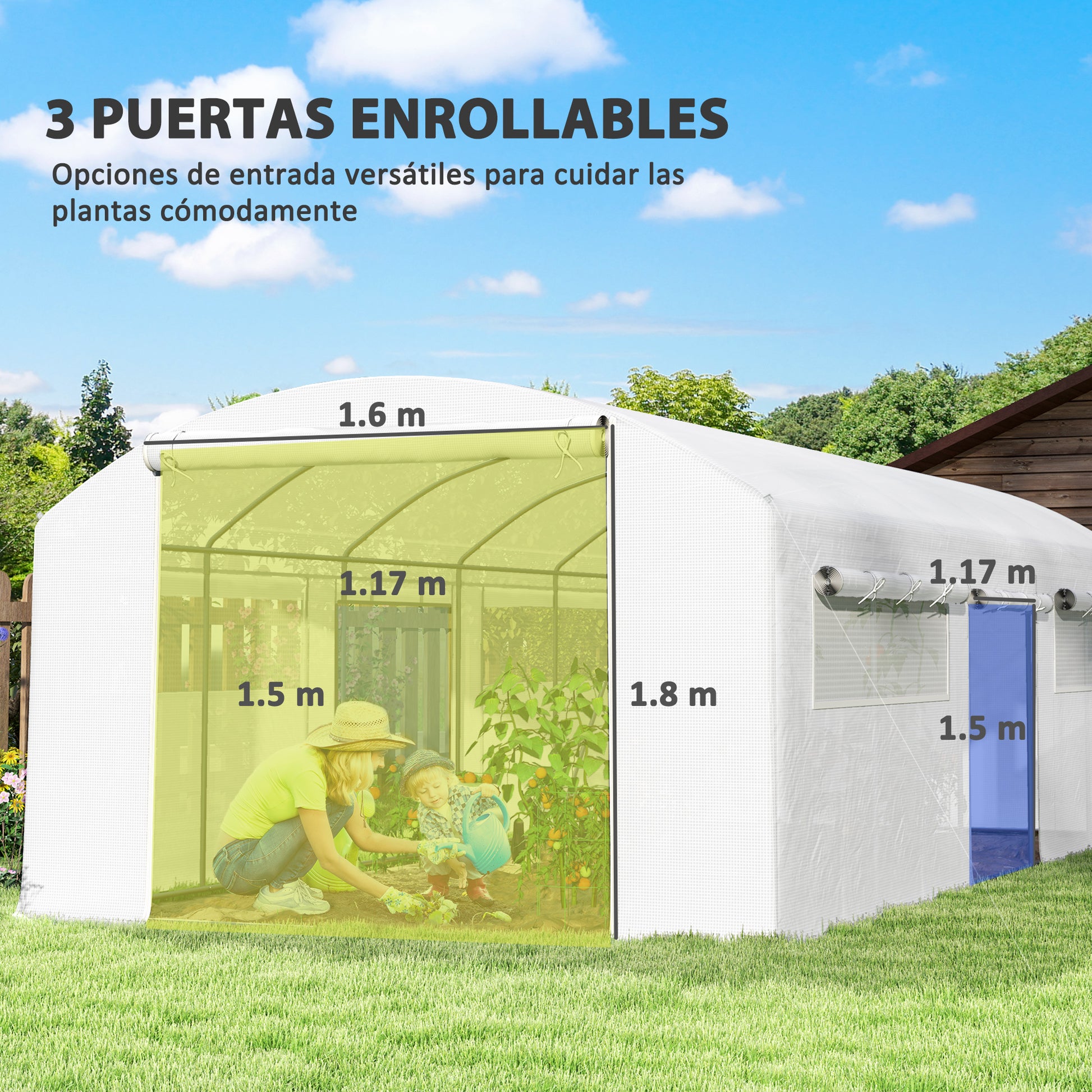 Outsunny Invernadero de Exterior 6x3x2 m Invernadero de Túnel con 6 Ventanas de Malla Cubierta de PE Anti-UV y 3 Puertas Enrollables con Cremallera Invernadero para Jardín Patio Blanco