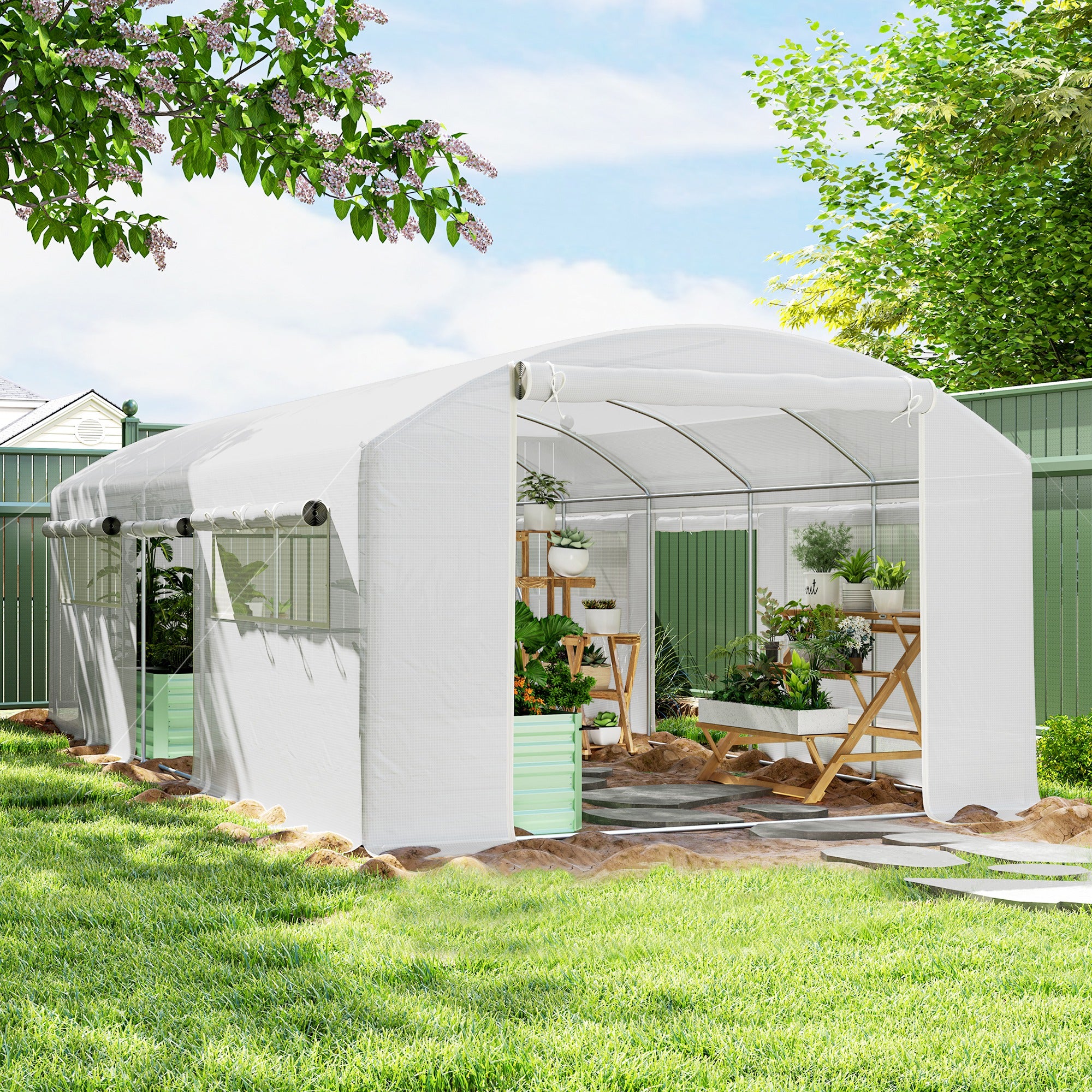 Outsunny Invernadero de Exterior 6x3x2 m Invernadero de Túnel con 6 Ventanas de Malla Cubierta de PE Anti-UV y 3 Puertas Enrollables con Cremallera Invernadero para Jardín Patio Blanco