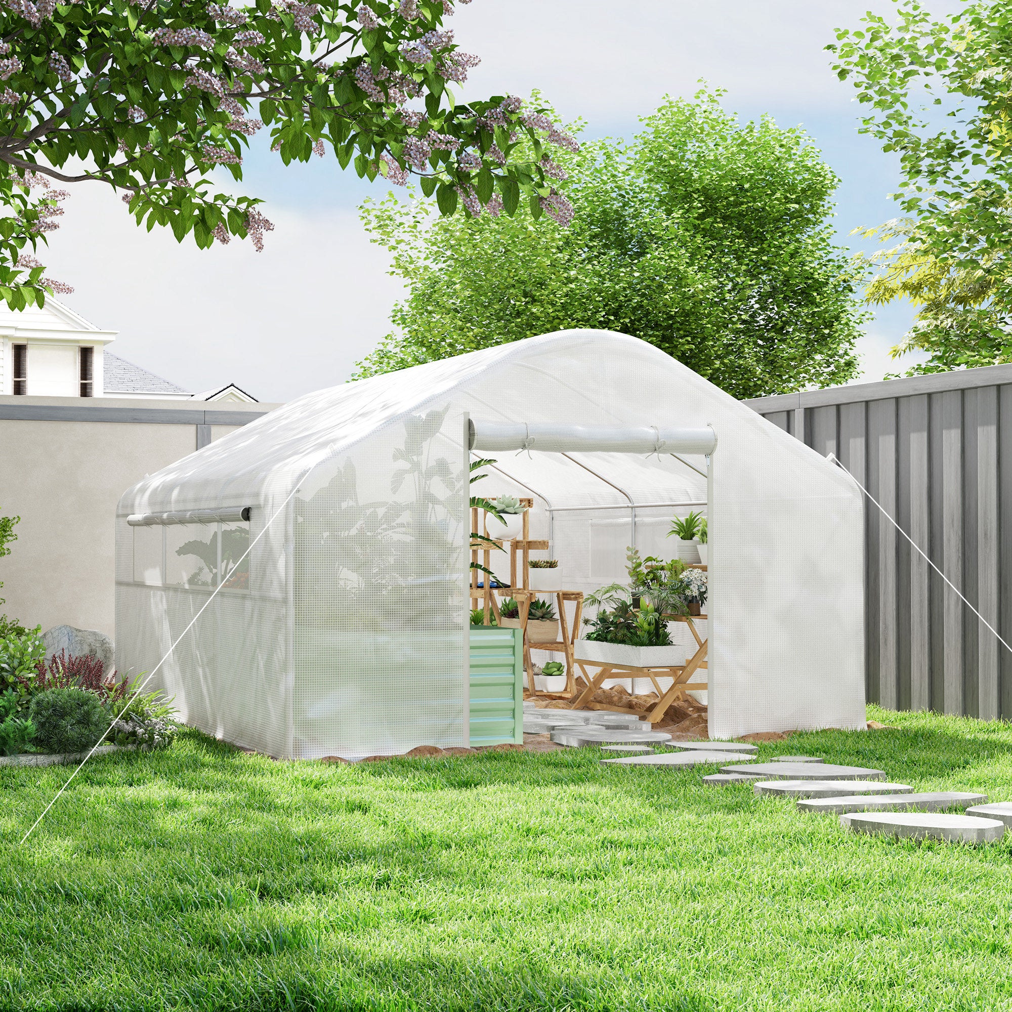 Outsunny Invernadero de Exterior 4x3x2 m Invernadero de Túnel con 2 Ventanas Cubierta de PE Anti-UV y 1 Puerta Enrollable con Cremallera Invernadero para Jardín Patio Blanco