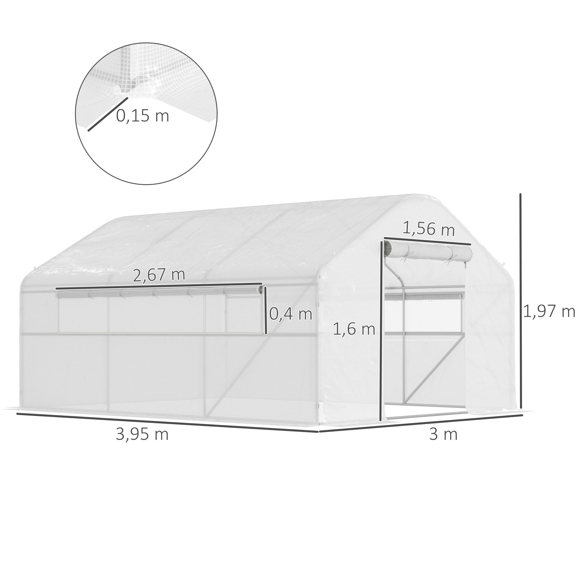Outsunny Invernadero de Exterior 4x3x2 m Invernadero de Túnel con 2 Ventanas Cubierta de PE Anti-UV y 1 Puerta Enrollable con Cremallera Invernadero para Jardín Patio Blanco