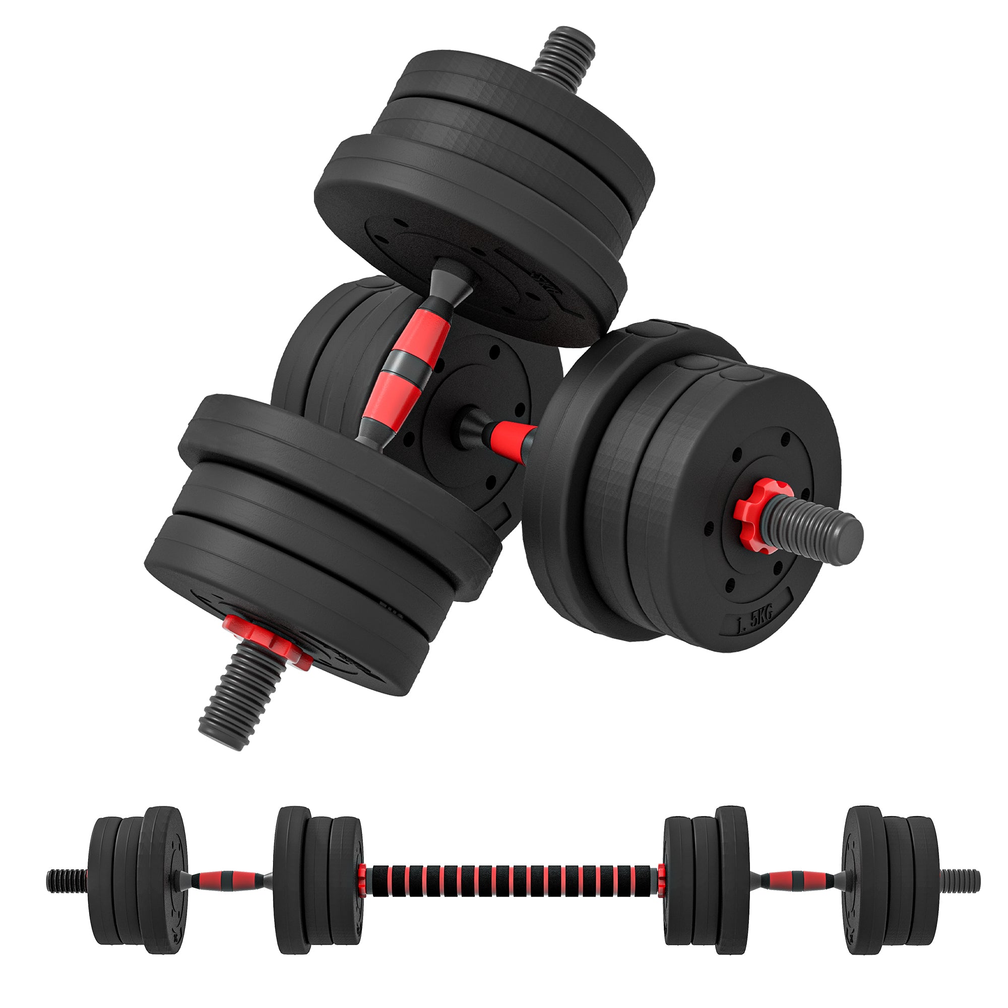 HOMCOM Juego de Mancuernas Ajustables, 2 en 1, 20kg, Juego de Pesas con Barra de Conexión y Mango Antideslizante, Pesas y Mancuernas para Hombres y Mujeres, Ejercicio de Fitness, Casa Gimnasio