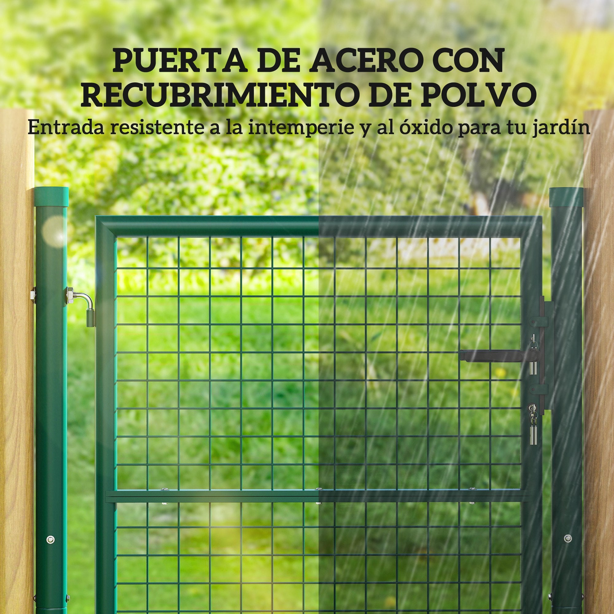 Outsunny Puerta de Jardín 100x79 cm Puerta para Valla de Barra de Acero con Asa Cerradura y 3 Llaves para Exterior Patio Verde