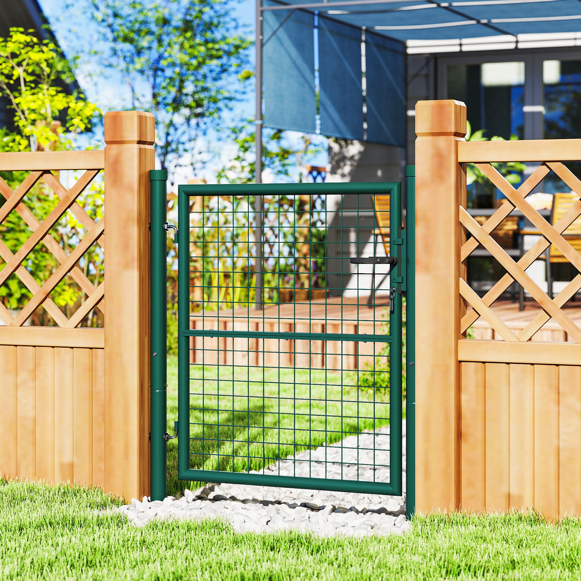 Outsunny Puerta de Jardín 100x79 cm Puerta para Valla de Barra de Acero con Asa Cerradura y 3 Llaves para Exterior Patio Verde
