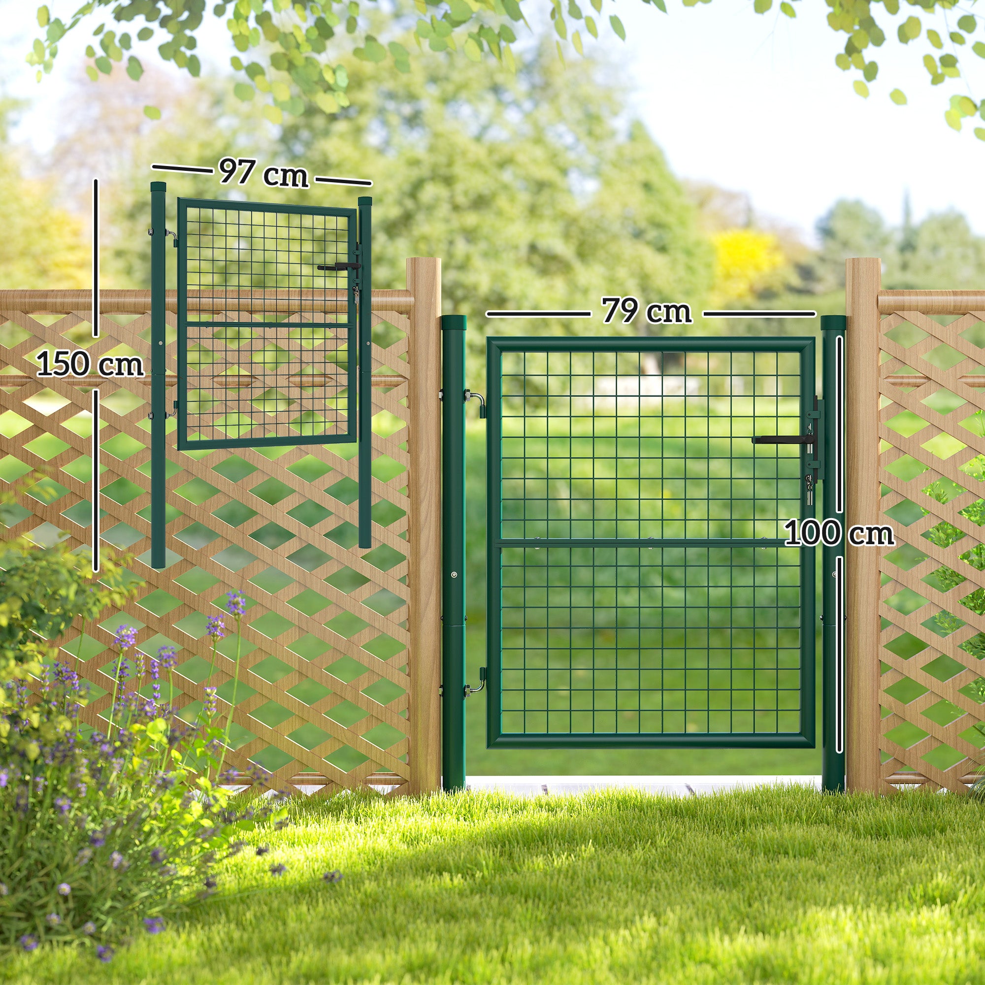 Outsunny Puerta de Jardín 100x79 cm Puerta para Valla de Barra de Acero con Asa Cerradura y 3 Llaves para Exterior Patio Verde