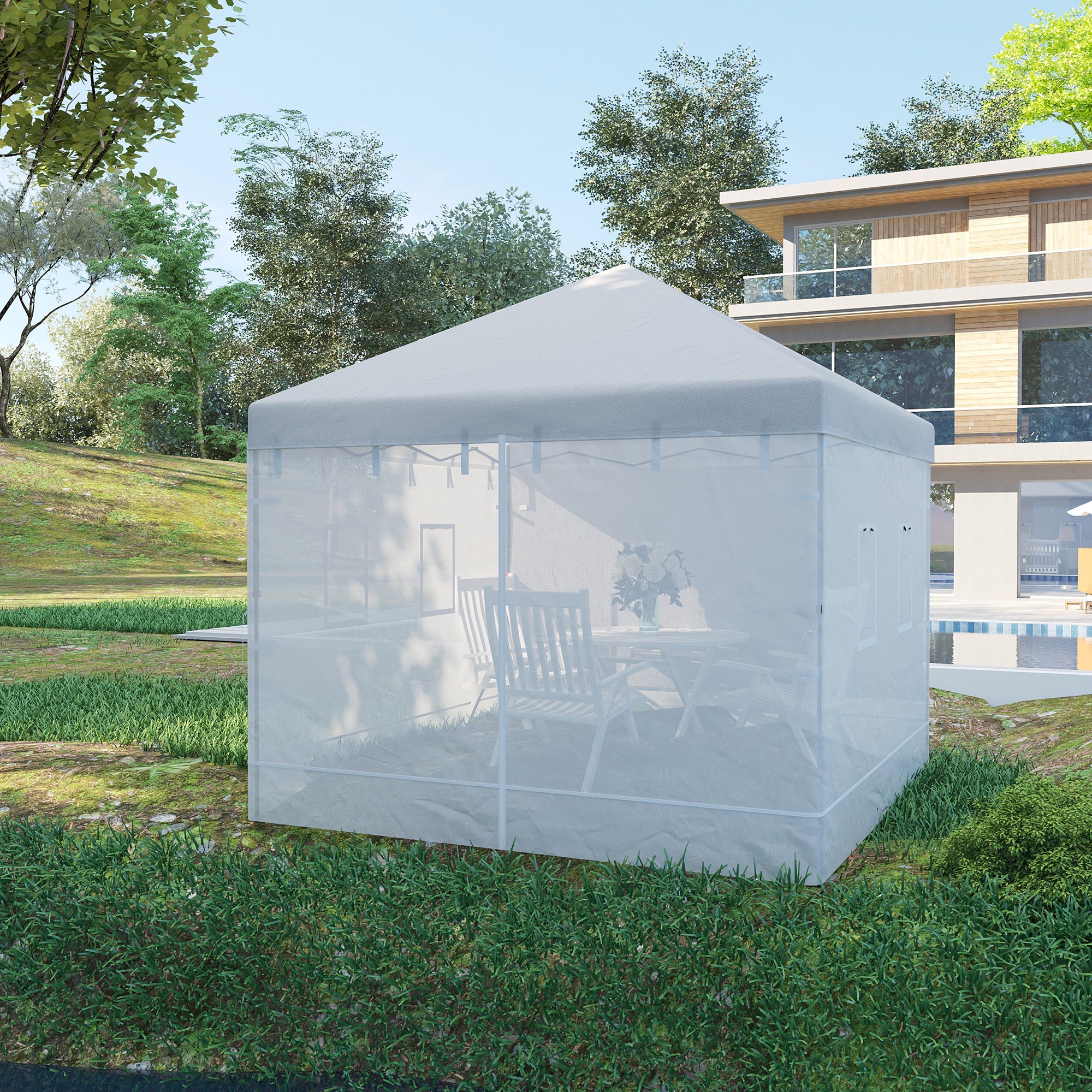 Outsunny 4 Paredes Laterales para Carpa 300x195 cm Mosquitera para Cenador con 6 Ventanas Enrollable Puerta con Cremallera y Bolsa de Transporte Adecuado para Carpa de 3x3 m Blanco