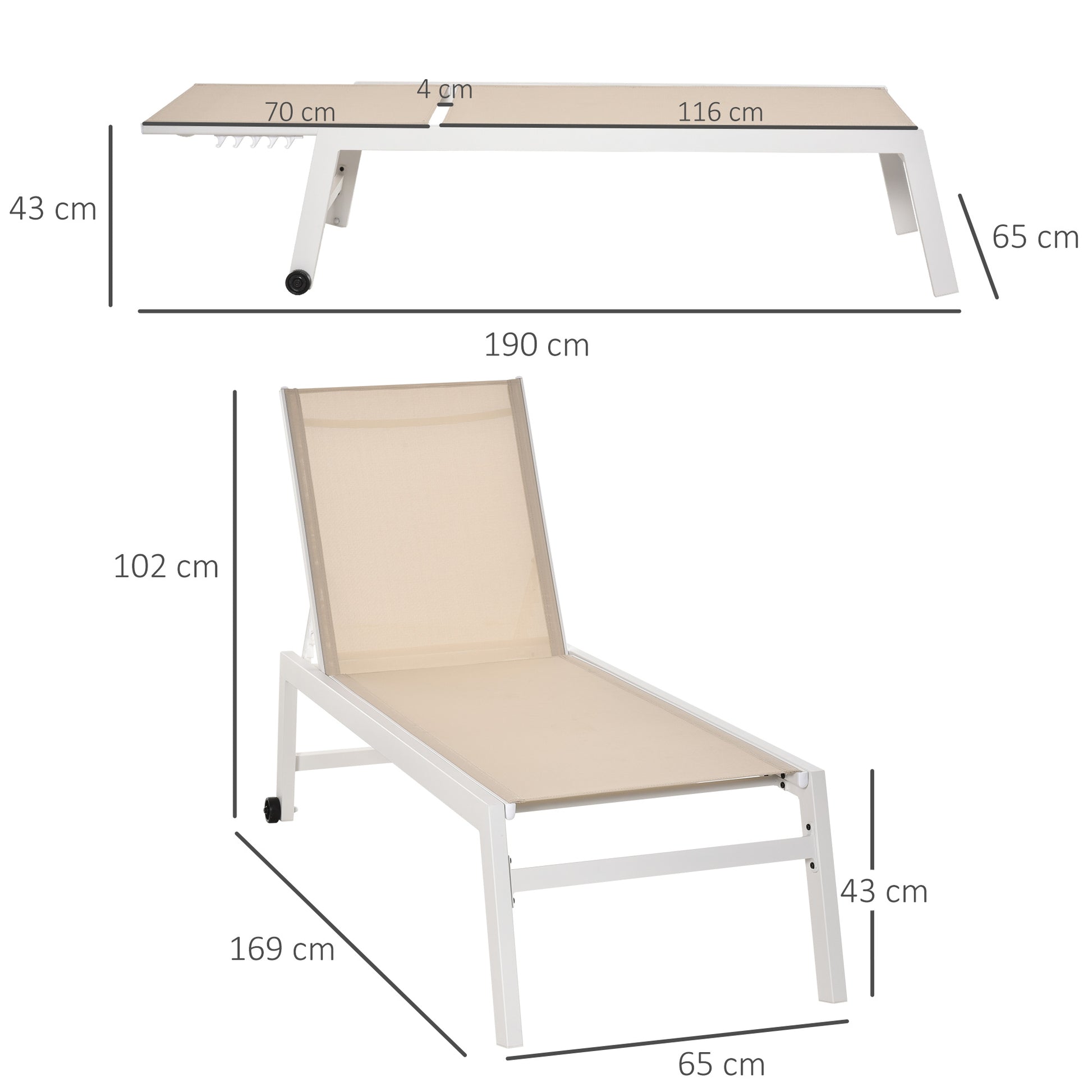 Outsunny Tumbona de Jardín de Aluminio Tumbona Exterior con Respaldo Reclinable en 5 Posiciones Carga 120 kg para Patio Terraza 169x65x102 cm Beige