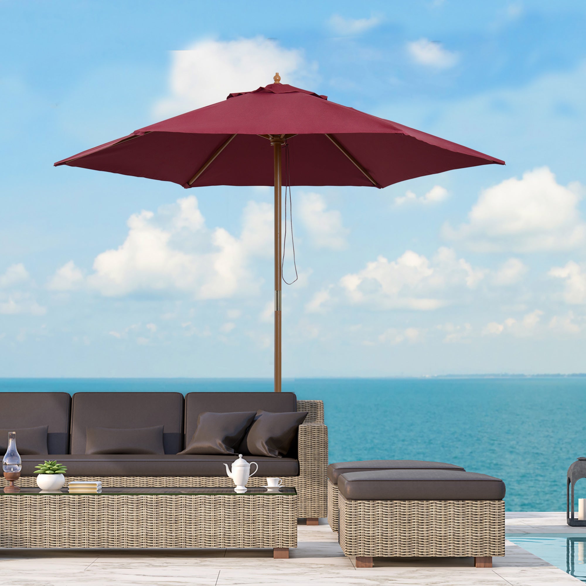 Outsunny Sombrilla de Jardín Ø250x230 cm Parasol de Terraza con 6 Varillas Poste Desmontable Anti-UV Impermeable y Marco de Madera para Playa Patio Rojo Vino