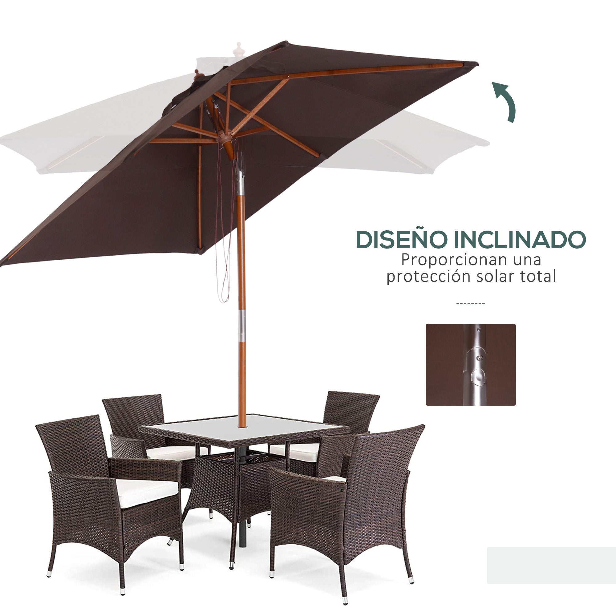 Outsunny Sombrilla Terraza Exterior 200x150 cm Sombrilla de Jardín Rectangular con Ángulo Ajustable Mástil de Madera y Manivela Parasol para Patio Terraza Café