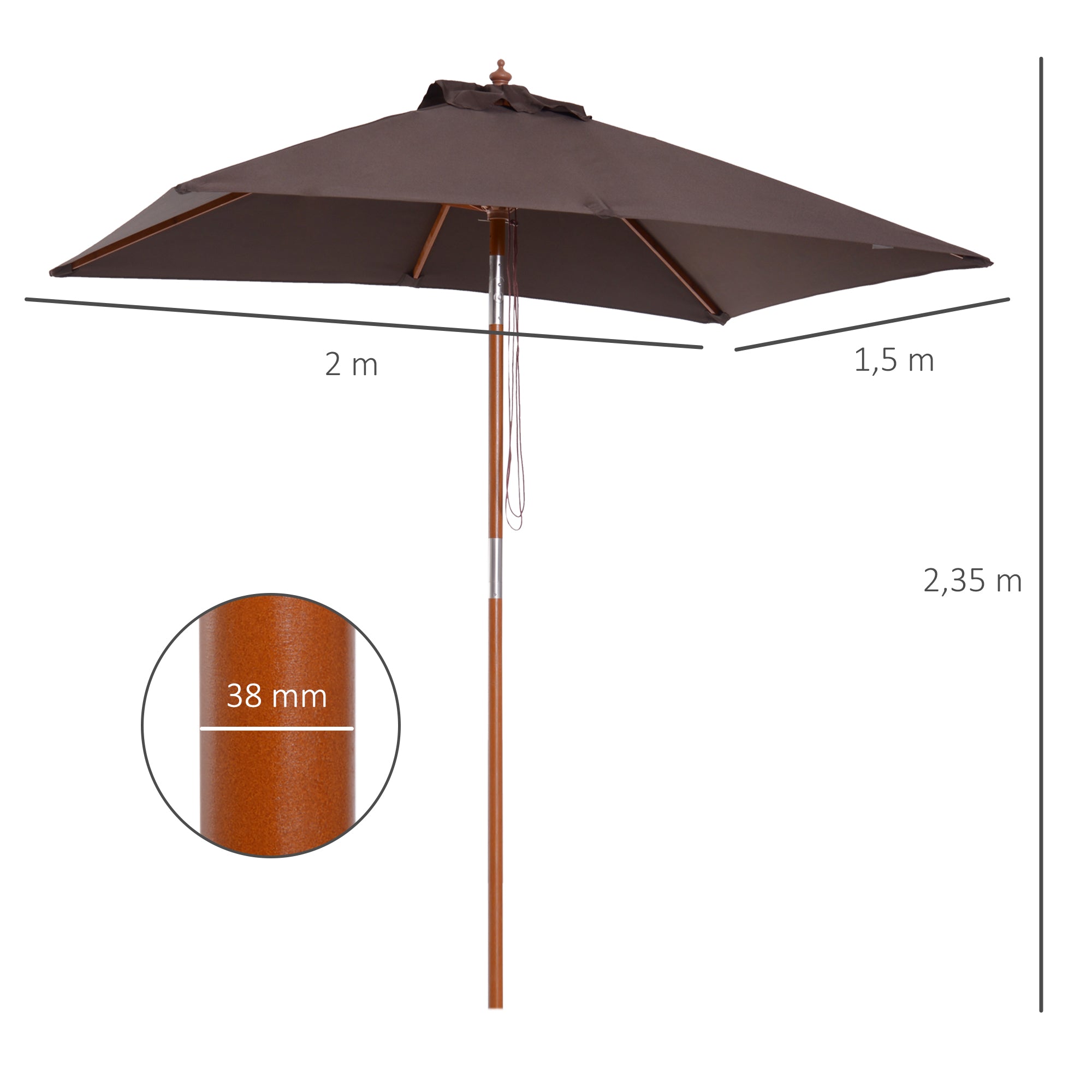 Outsunny Sombrilla Terraza Exterior 200x150 cm Sombrilla de Jardín Rectangular con Ángulo Ajustable Mástil de Madera y Manivela Parasol para Patio Terraza Café