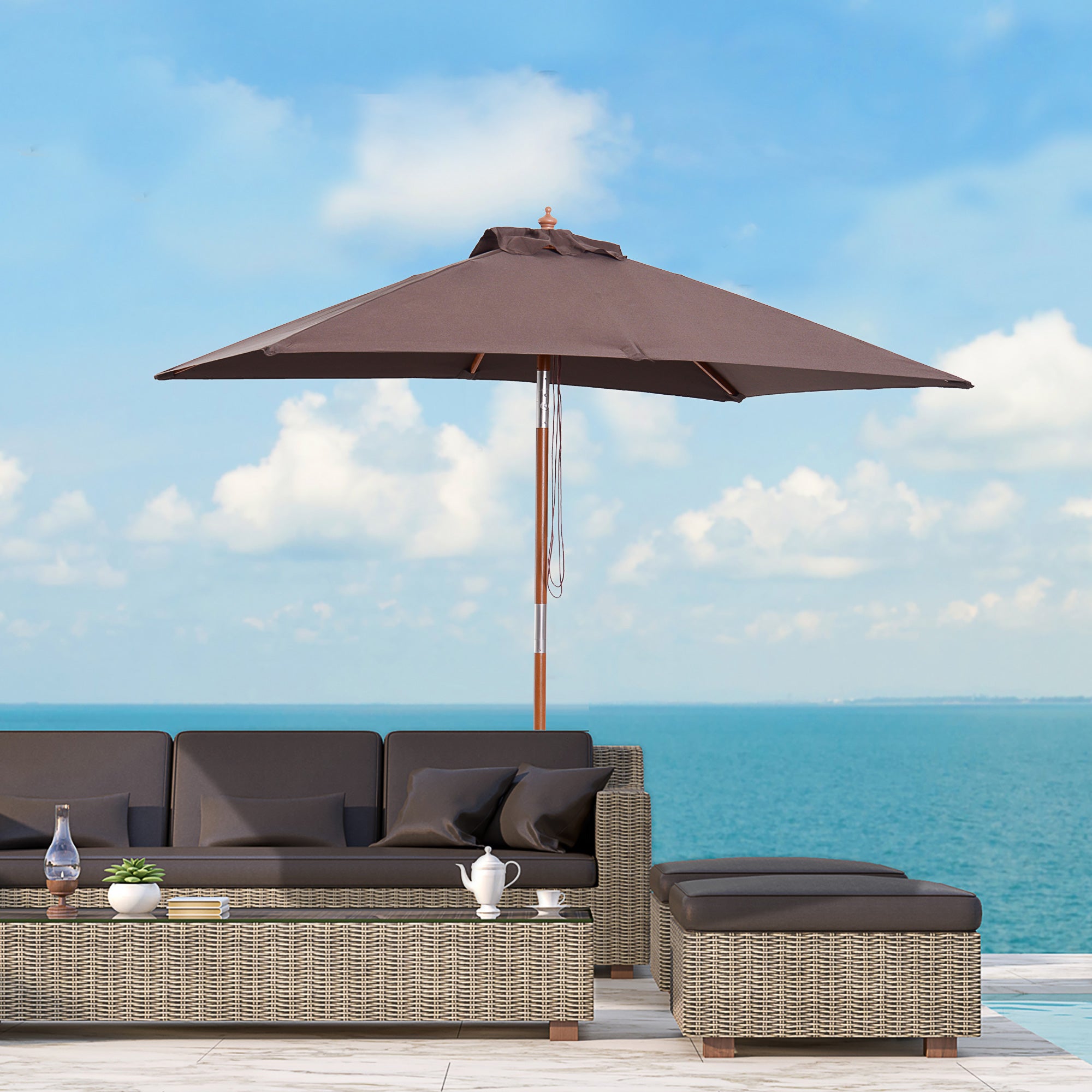 Outsunny Sombrilla Terraza Exterior 200x150 cm Sombrilla de Jardín Rectangular con Ángulo Ajustable Mástil de Madera y Manivela Parasol para Patio Terraza Café