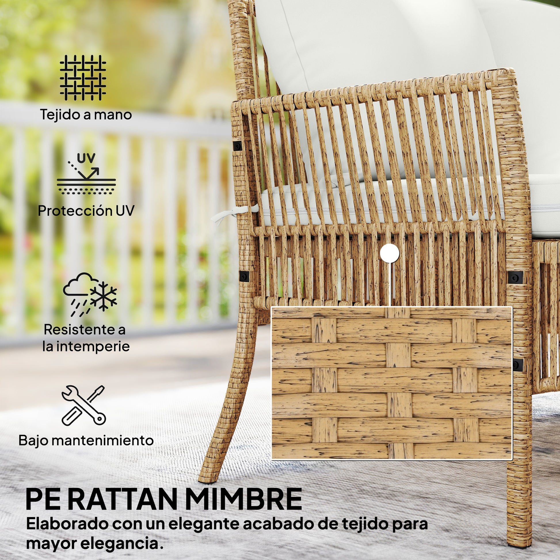 Outsunny Conjunto de Jardín de Ratán de 3 Piezas, Muebles Jardín Exterior Incluye 1 Sofá de 2 Plazas, 1 Sofá Esquinera, 1 Mesa de Centro con Tablero de Vidrio Templado, Cojines, Resistente, Crema