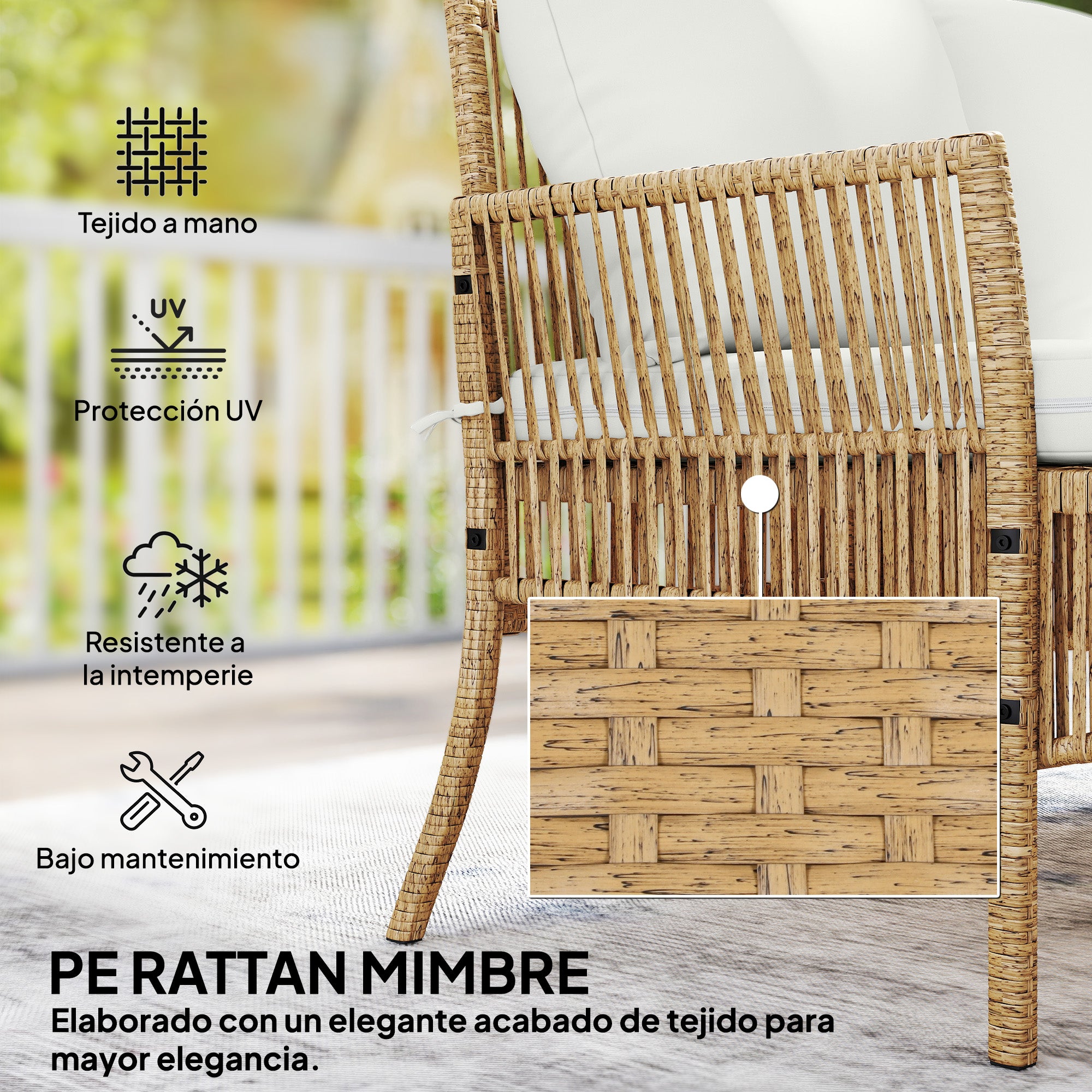 Outsunny Conjunto de Jardín de Ratán de 3 Piezas, Muebles Jardín Exterior Incluye 1 Sofá de 2 Plazas, 1 Sofá Esquinera, 1 Mesa de Centro con Tablero de Vidrio Templado, Cojines, Resistente, Crema