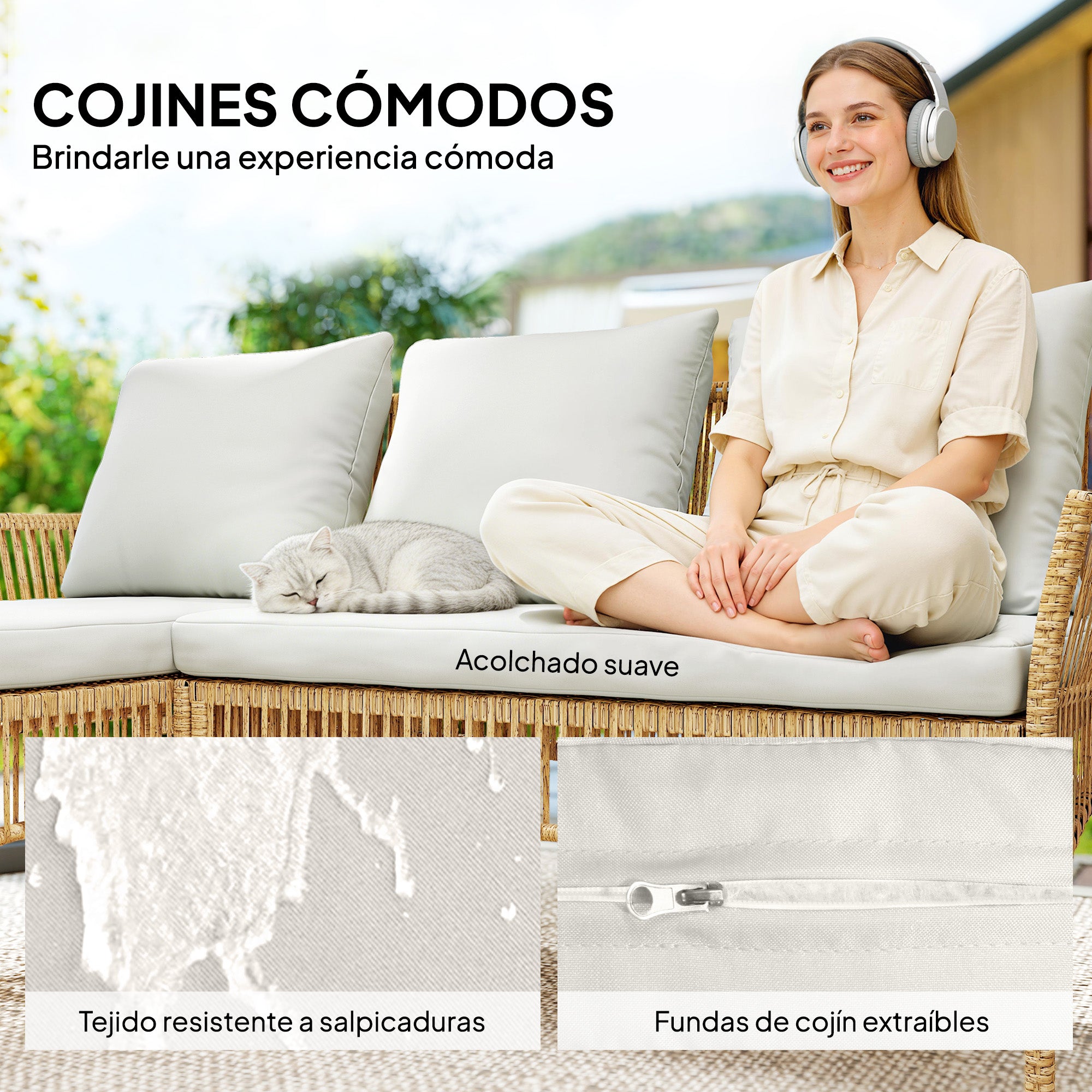 Outsunny Conjunto de Jardín de Ratán de 3 Piezas, Muebles Jardín Exterior Incluye 1 Sofá de 2 Plazas, 1 Sofá Esquinera, 1 Mesa de Centro con Tablero de Vidrio Templado, Cojines, Resistente, Crema