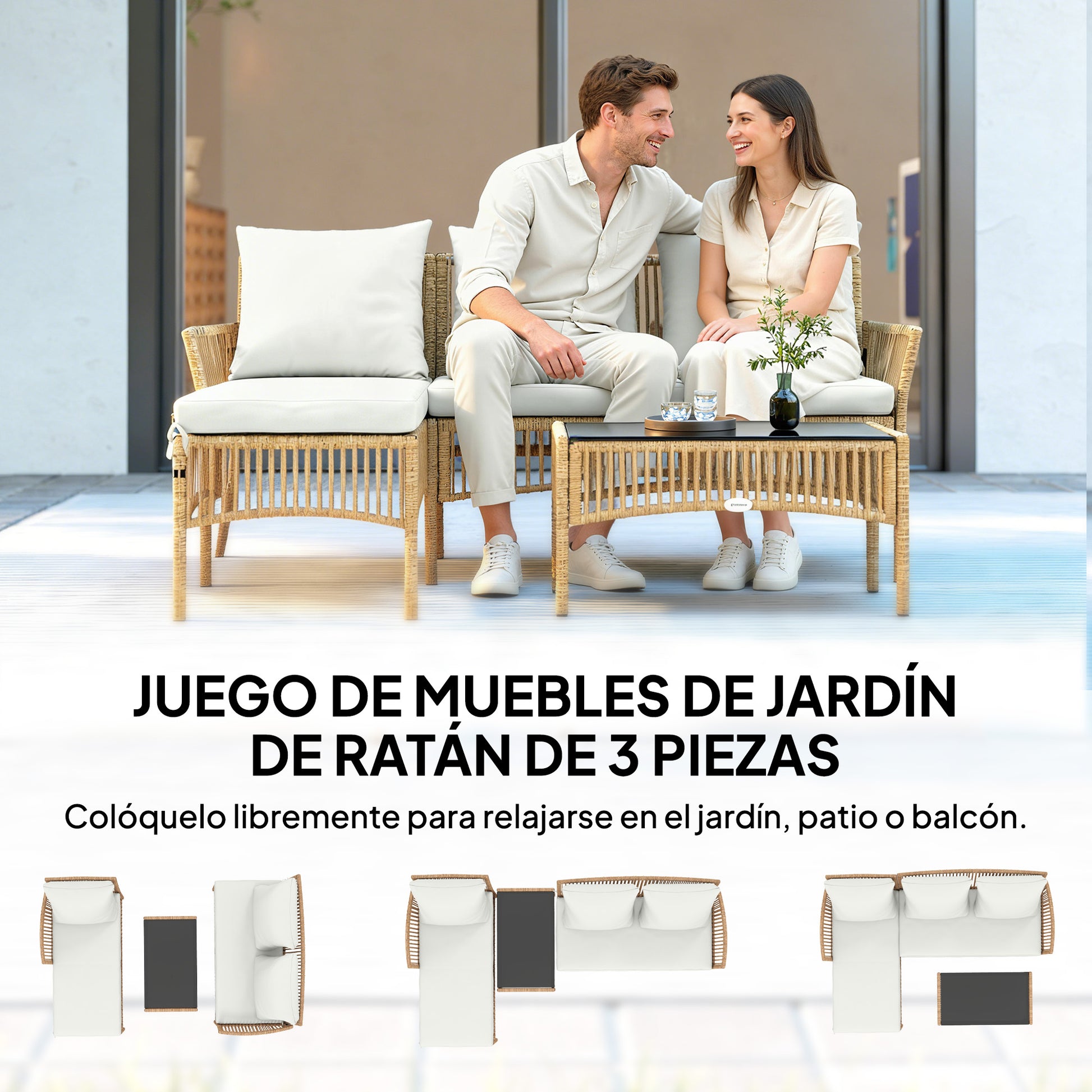 Outsunny Conjunto de Jardín de Ratán de 3 Piezas, Muebles Jardín Exterior Incluye 1 Sofá de 2 Plazas, 1 Sofá Esquinera, 1 Mesa de Centro con Tablero de Vidrio Templado, Cojines, Resistente, Crema