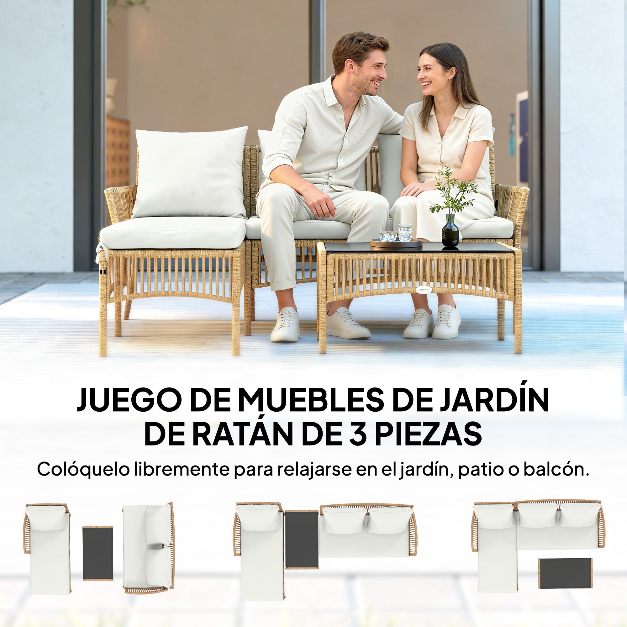 Outsunny Conjunto de Jardín de Ratán de 3 Piezas, Muebles Jardín Exterior Incluye 1 Sofá de 2 Plazas, 1 Sofá Esquinera, 1 Mesa de Centro con Tablero de Vidrio Templado, Cojines, Resistente, Crema