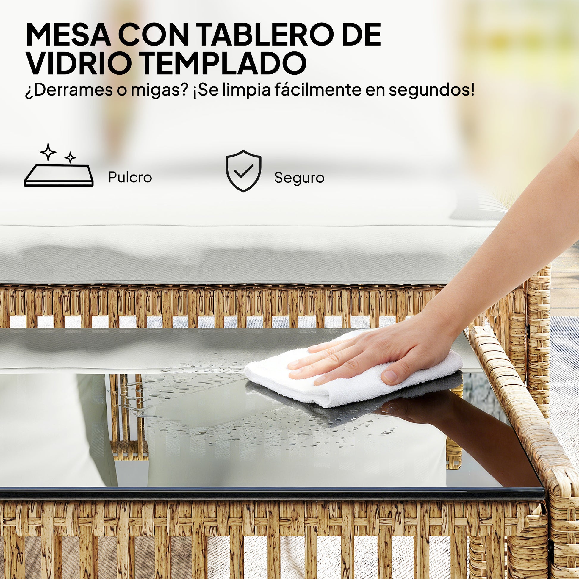 Outsunny Conjunto de Jardín de Ratán de 3 Piezas, Muebles Jardín Exterior Incluye 1 Sofá de 2 Plazas, 1 Sofá Esquinera, 1 Mesa de Centro con Tablero de Vidrio Templado, Cojines, Resistente, Crema