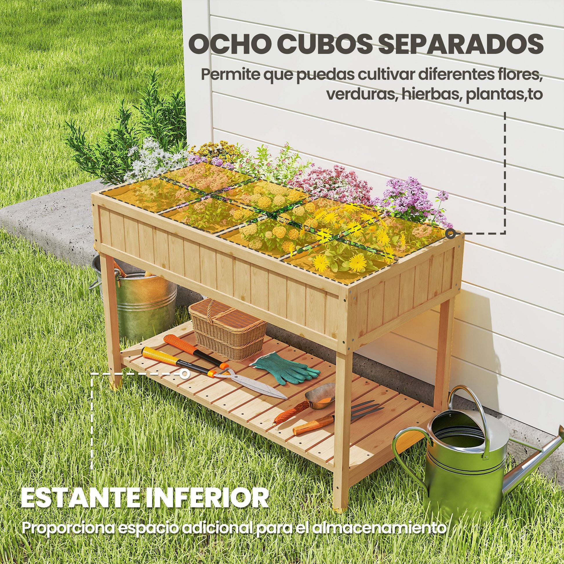 Outsunny Huerto Urbano de Madera, Mesa de Cultivo con Estante Inferior, Jardinera Elevada para Cultivo, Plantas, Flores y Verduras, 110x46x76 cm, Natural