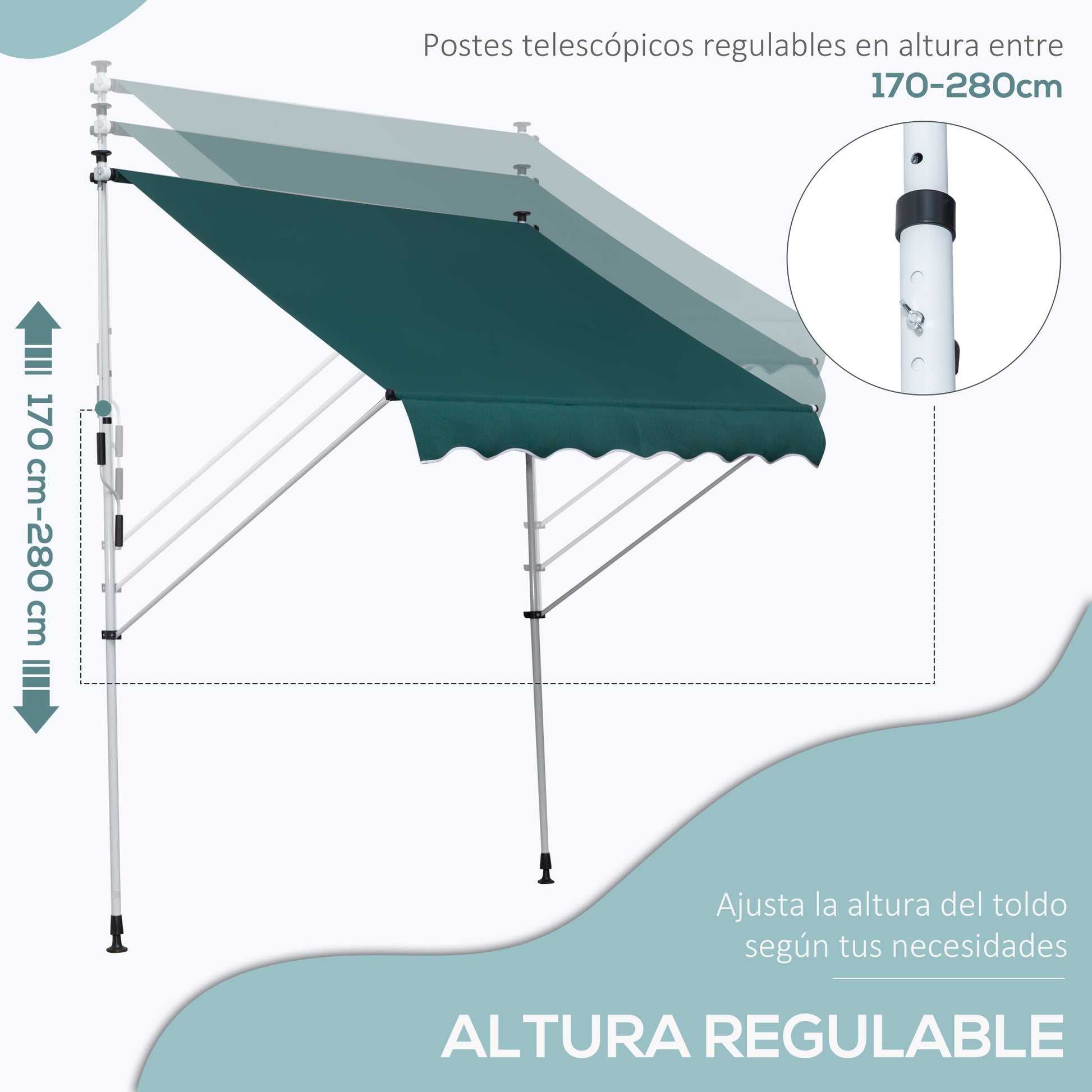 Outsunny Toldo Manual Retráctil 2x1,5 m Toldo Exterior Terraza Enrollable Altura Ajustable con Manivela 170-280 cm Sin Taladro para Balcón Jardín Verde