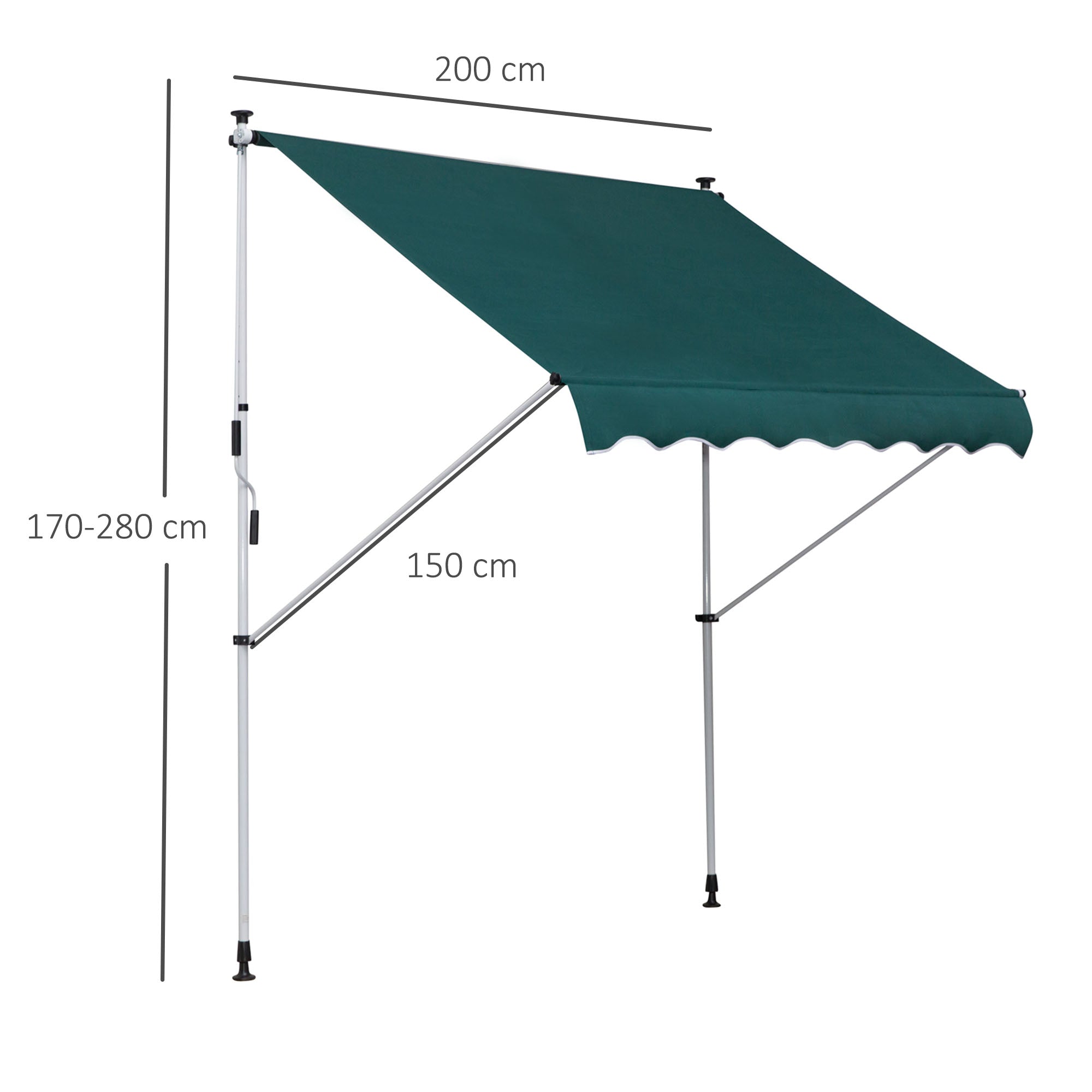 Outsunny Toldo Manual Retráctil 2x1,5 m Toldo Exterior Terraza Enrollable Altura Ajustable con Manivela 170-280 cm Sin Taladro para Balcón Jardín Verde