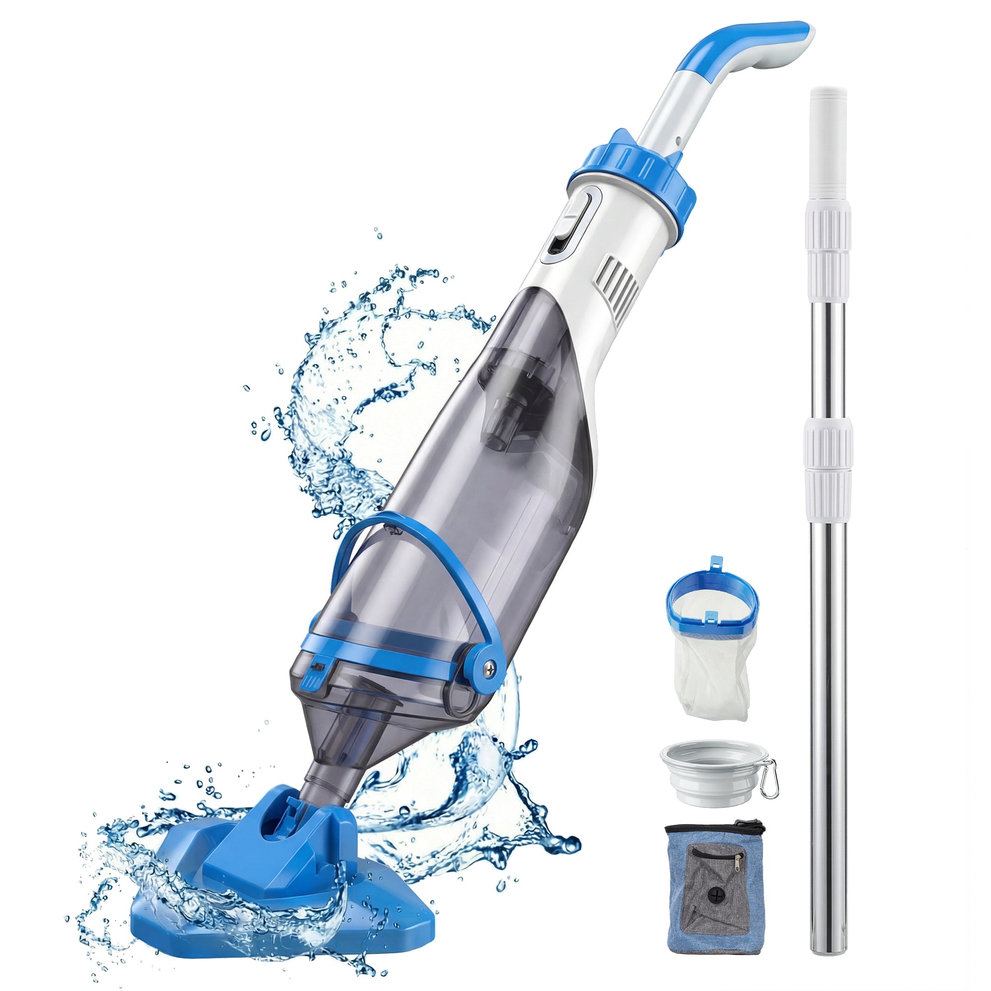 Outsunny Limpiafondos de Piscina a Batería, Aspirador de Piscina Inalámbrica con Cepillo, Mango Telescópico 63-150 cm, Aspiradora Manual para Piscinas Pequeñas, Estanques, 60 Minutos Limpieza, Azul