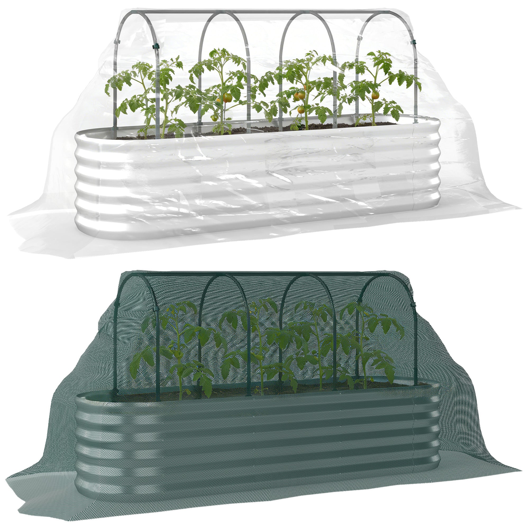 Outsunny Jardinera Exterior Grande con Cubierta de Invernadero y Malla, Huerto Urbano de Acero Galvanizado con Fondo Abierto, Resistente a la Intemperie, para Patio, Terraza, 200x60x103 cm, Plateado