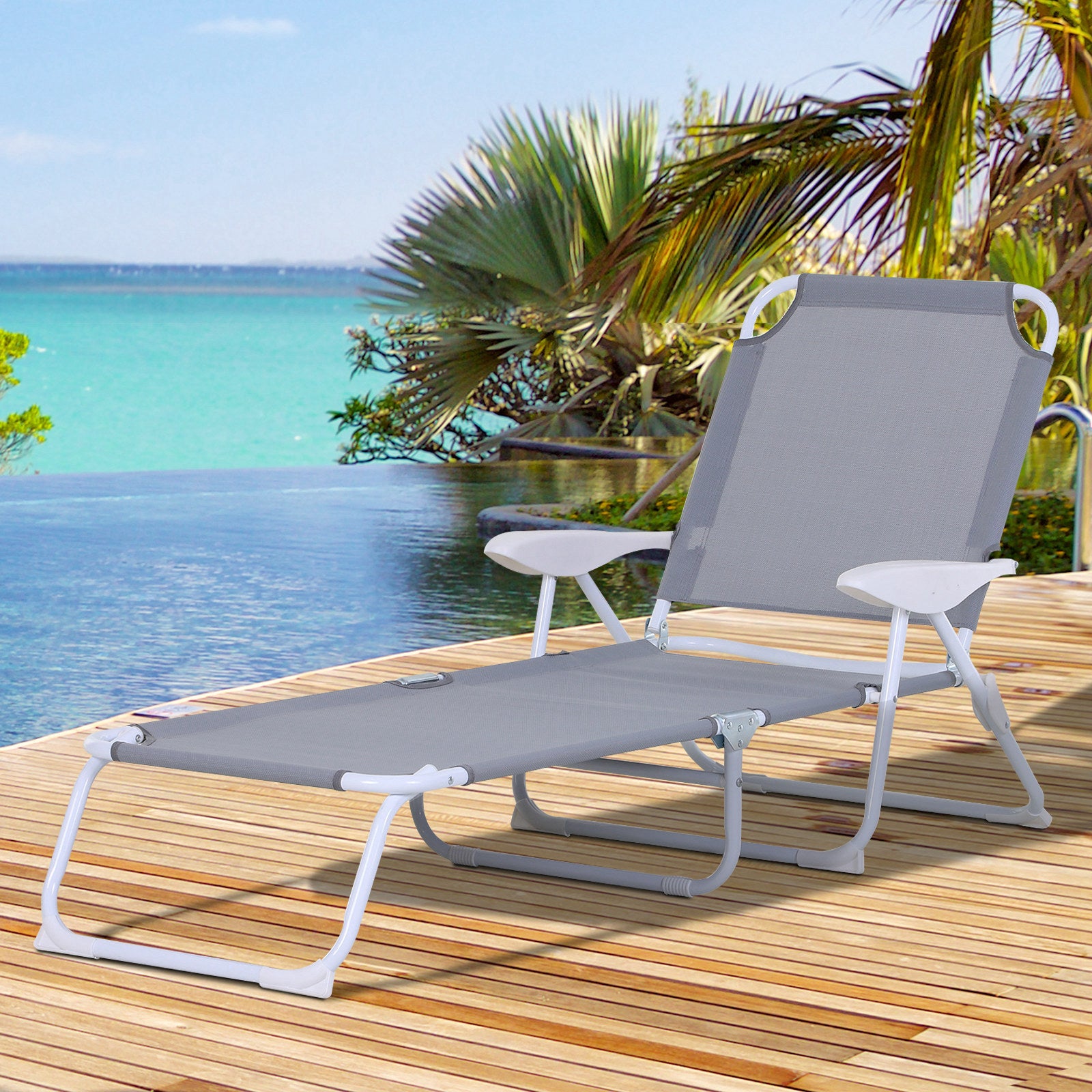 Outsunny Tumbona Reclinable y Plegable de Jardín con Respaldo Ajustable en 4 Posiciones Marco de Metal Texteline Transpirable 186x66x80 cm Gris