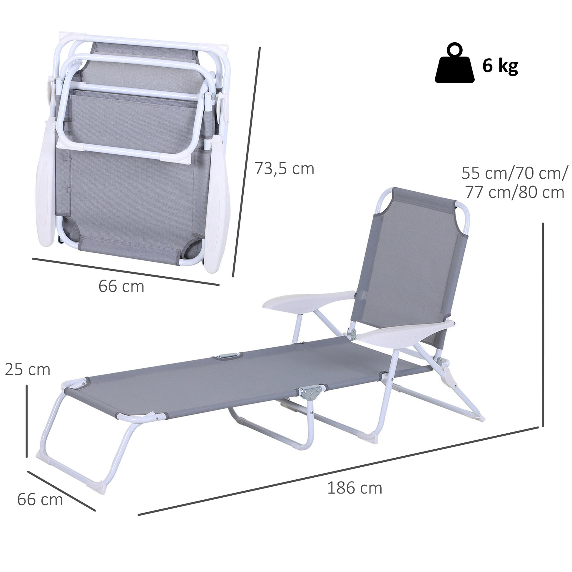 Outsunny Tumbona Reclinable y Plegable de Jardín con Respaldo Ajustable en 4 Posiciones Marco de Metal Texteline Transpirable 186x66x80 cm Gris