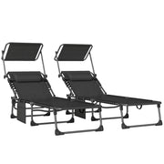 Outsunny Set de 2 Tumbonas Jardín Exterior, Tumbonas Plegables con Reposacabezas, Parasol y Bolsillo Lateral, Respaldo Reclinable 5 Posiciones y Asiento Malla Transpirable para Playa, Piscina, Negro