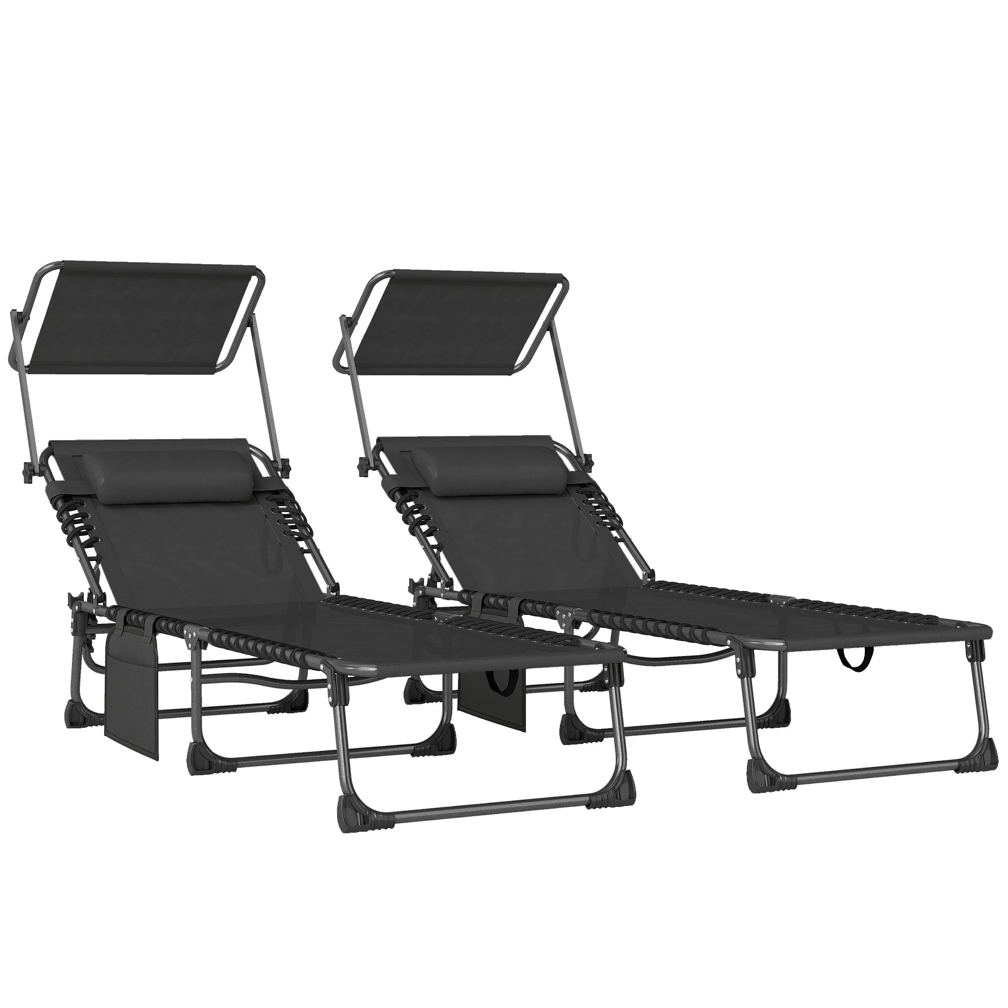 Outsunny Set de 2 Tumbonas Jardín Exterior, Tumbonas Plegables con Reposacabezas, Parasol y Bolsillo Lateral, Respaldo Reclinable 5 Posiciones y Asiento Malla Transpirable para Playa, Piscina, Negro
