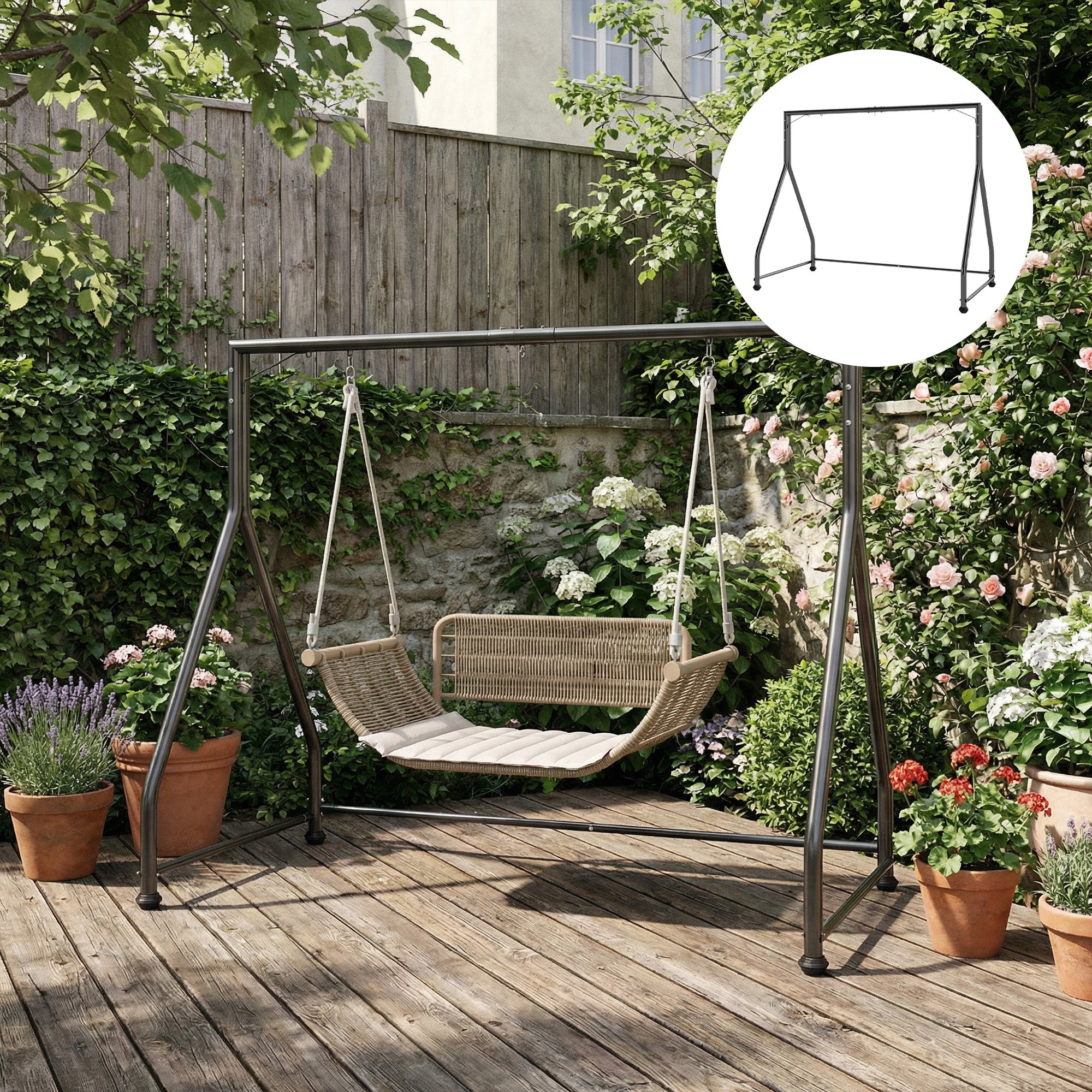 Outsunny Soporte para Columpio de Acero Estructura de Columpio de 2 y 3 Asientos o Cesta Colgante Resistente con Patas en Forma de A Carga 360 kg para Jardín Parque Patio Porche 210x117x175 cm Negro