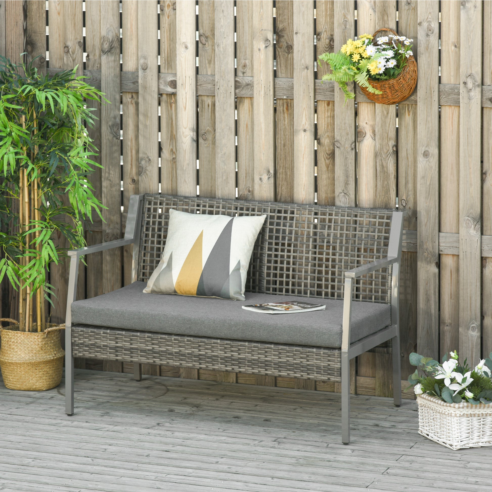 Outsunny Sofá de Ratán Estructura de Aluminio Dos Plazas con Cojín Desmontable Sillón Mueble de Jardín 118x75x79cm para Patio Exterior al Aire Libre Gris