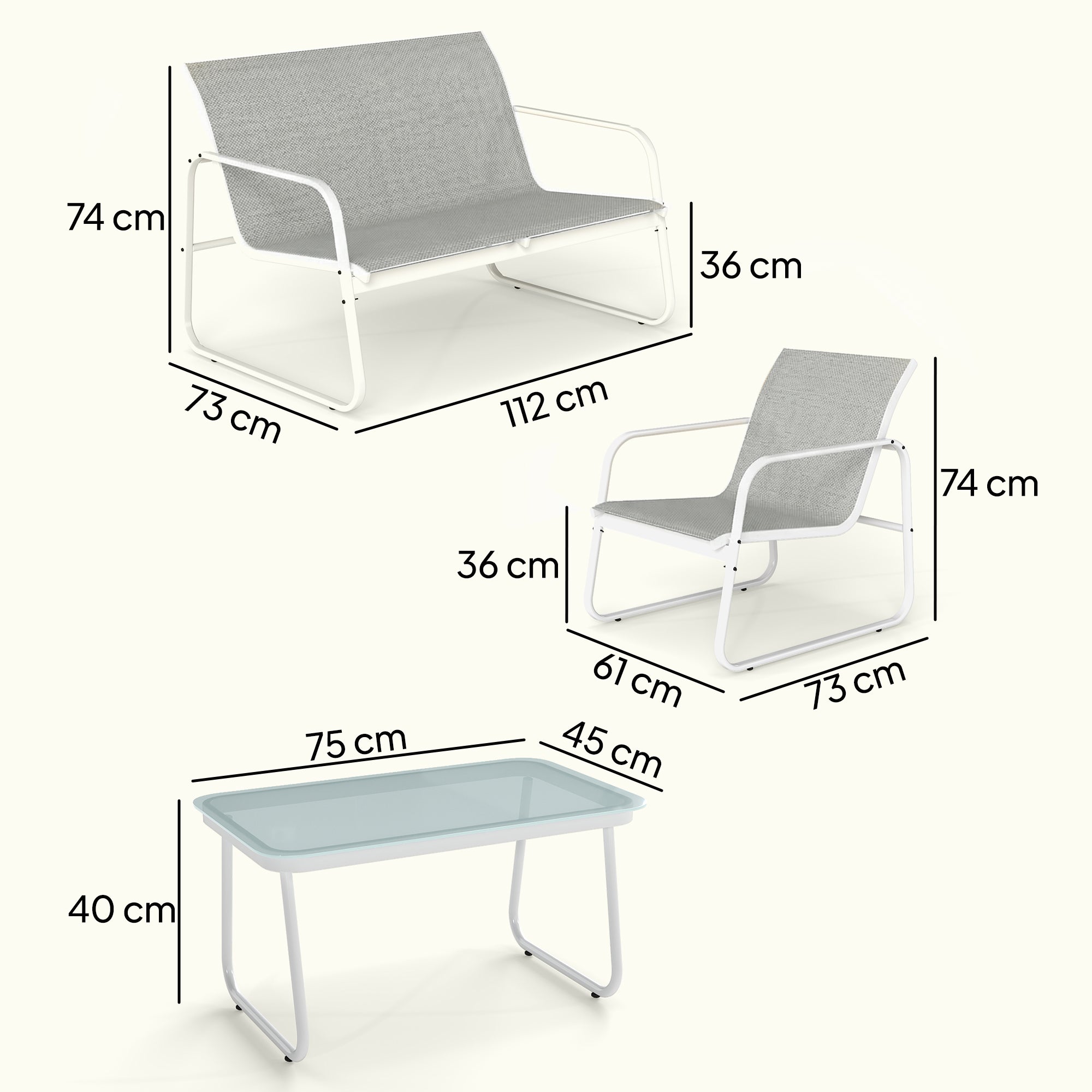 Outsunny Conjunto Jardín Exterior de 4 Piezas, Muebles Jardín Exterior con Sofá de 2 Plazas, 2 Sillones, Mesa de Vidrio Templado, Tela de Textilene Transpirable, Estructura de Acero, Gris Claro
