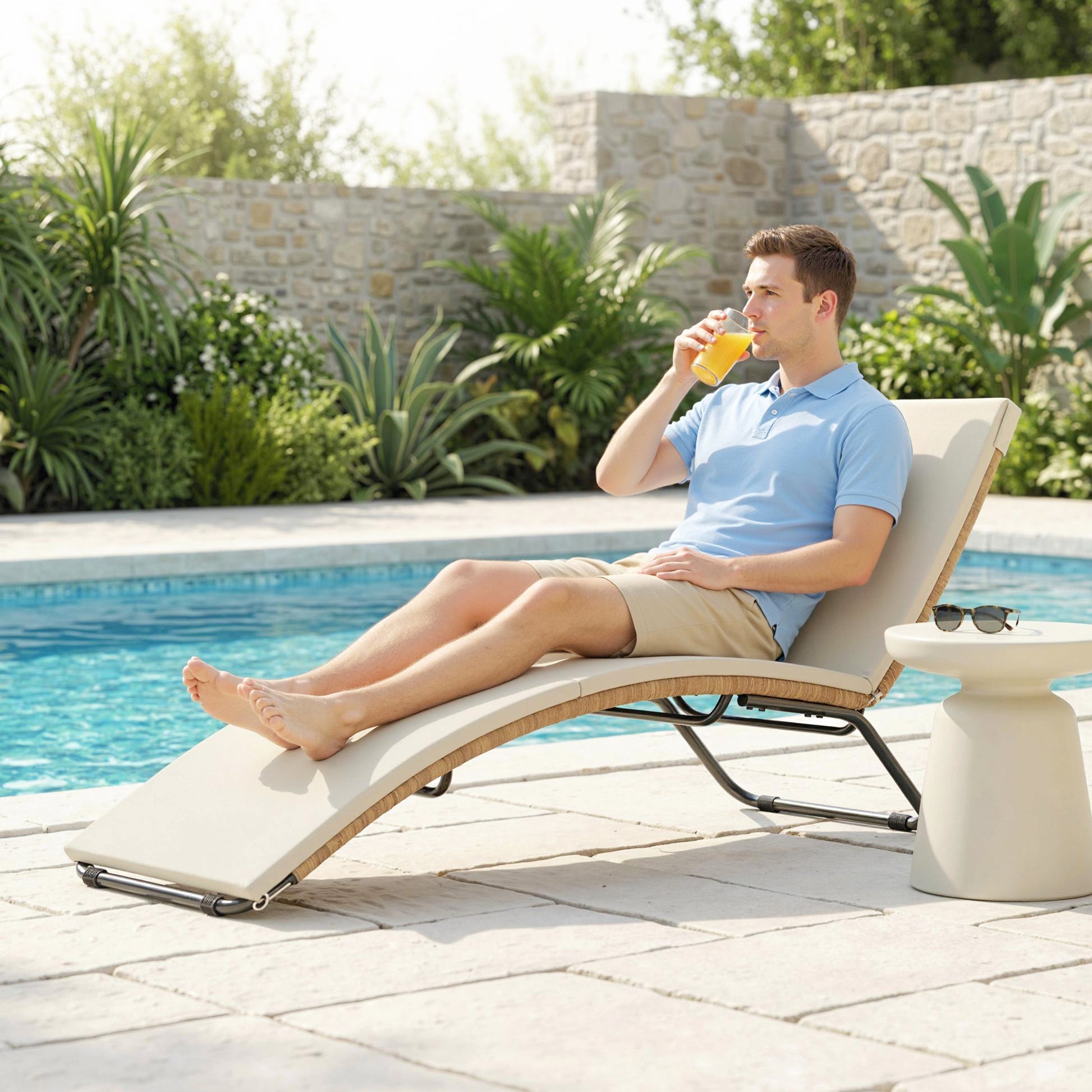 Outsunny Tumbona de Ratán en Forma de S, Tumbona de Jardín Exterior con Cojín, Asiento Transpirable y Estructura de Acero, Carga 120 kg, para Patio, Playa, Terraza y Piscina, Blanco Crema