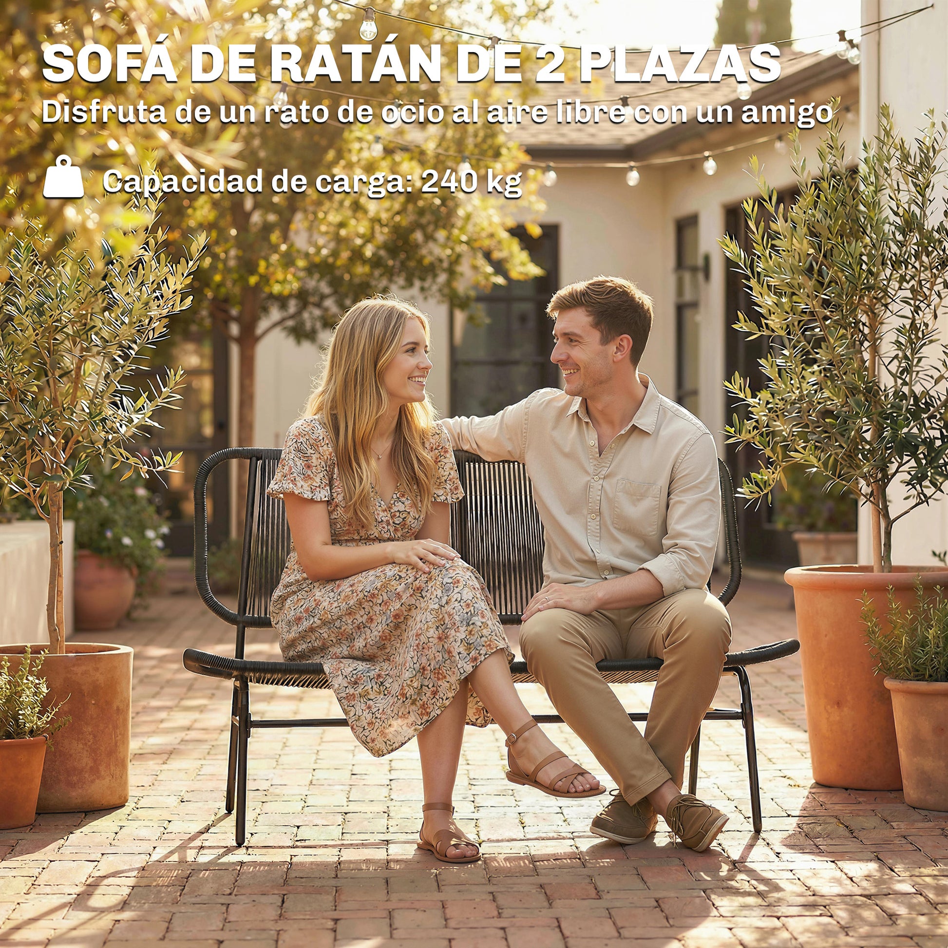 Outsunny Sofá Exterior de Ratán de 2 Plazas, Sofá de Jardín Exterior con Asiento y Respaldo Tejidos de Ratán PE, Estructura de Acero, Carga 240 kg, para Balcón, Porche, Patio, Negro