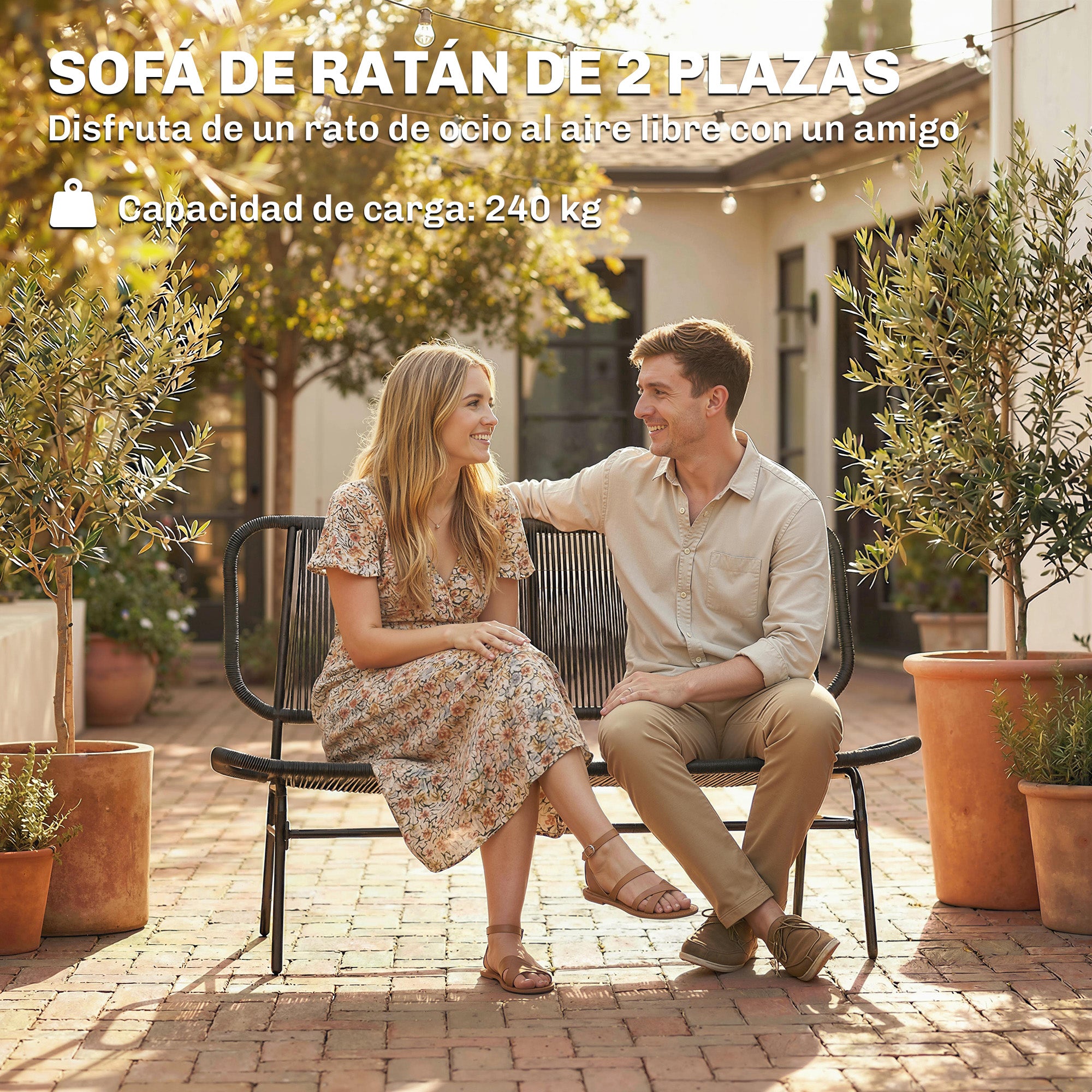 Outsunny Sofá Exterior de Ratán de 2 Plazas, Sofá de Jardín Exterior con Asiento y Respaldo Tejidos de Ratán PE, Estructura de Acero, Carga 240 kg, para Balcón, Porche, Patio, Negro