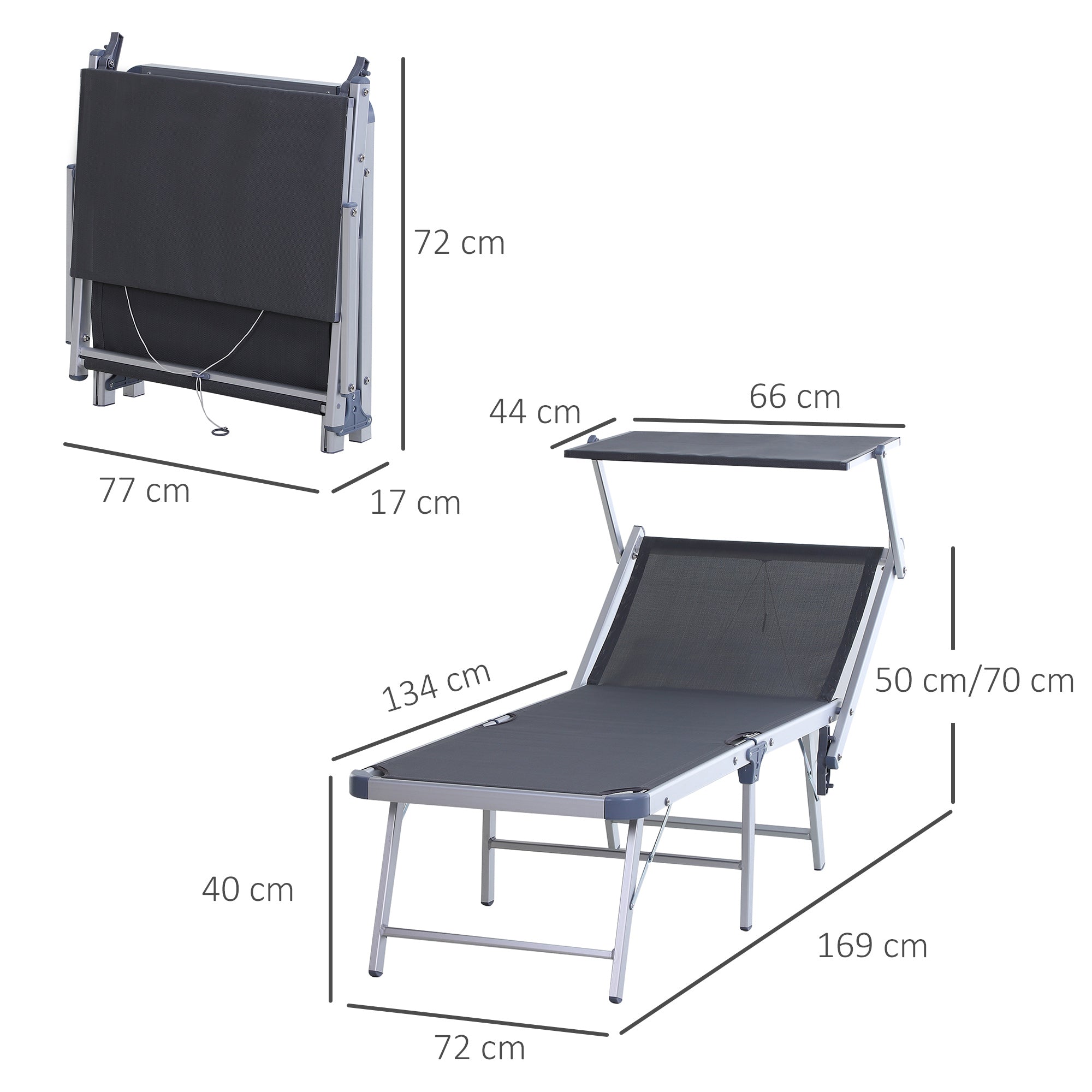 Outsunny Tumbona Plegable y Reclinable de Aluminio con Toldo Incorporado para Piscina Jardín Terraza Exterior Carga 120 kg 169x72x50/70cm Gris