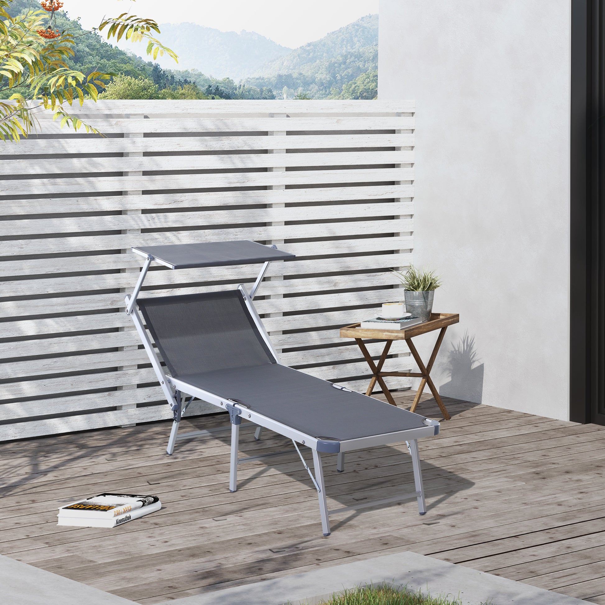 Outsunny Tumbona Plegable y Reclinable de Aluminio con Toldo Incorporado para Piscina Jardín Terraza Exterior Carga 120 kg 169x72x50/70cm Gris
