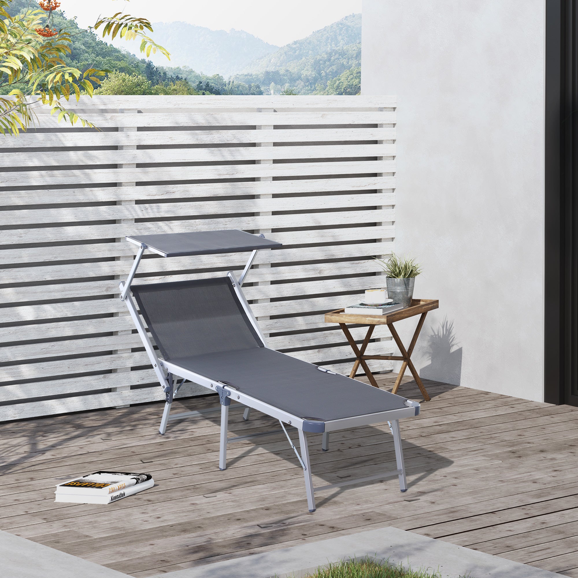 Outsunny Tumbona Plegable y Reclinable de Aluminio con Toldo Incorporado para Piscina Jardín Terraza Exterior Carga 120 kg 169x72x50/70cm Gris