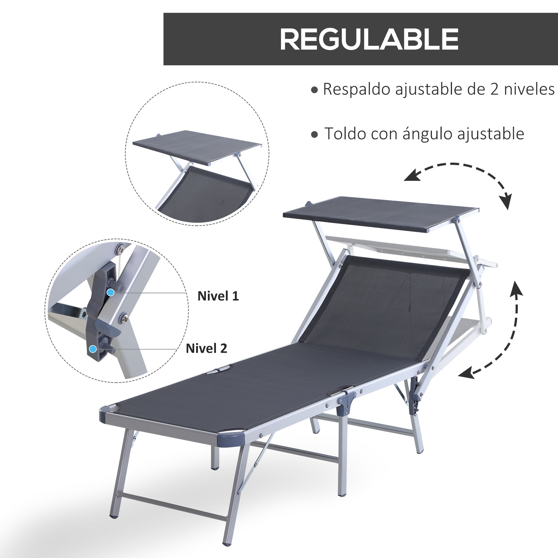 Outsunny Tumbona Plegable y Reclinable de Aluminio con Toldo Incorporado para Piscina Jardín Terraza Exterior Carga 120 kg 169x72x50/70cm Gris