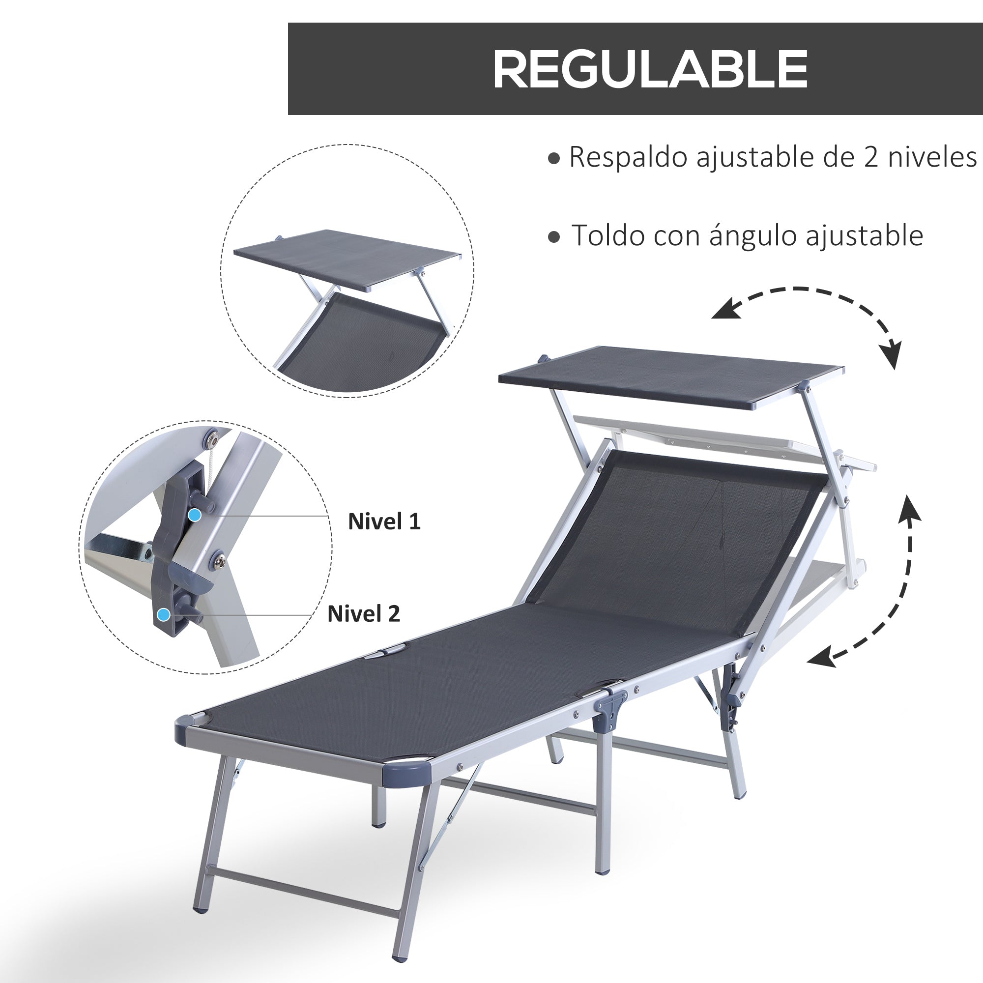Outsunny Tumbona Plegable y Reclinable de Aluminio con Toldo Incorporado para Piscina Jardín Terraza Exterior Carga 120 kg 169x72x50/70cm Gris