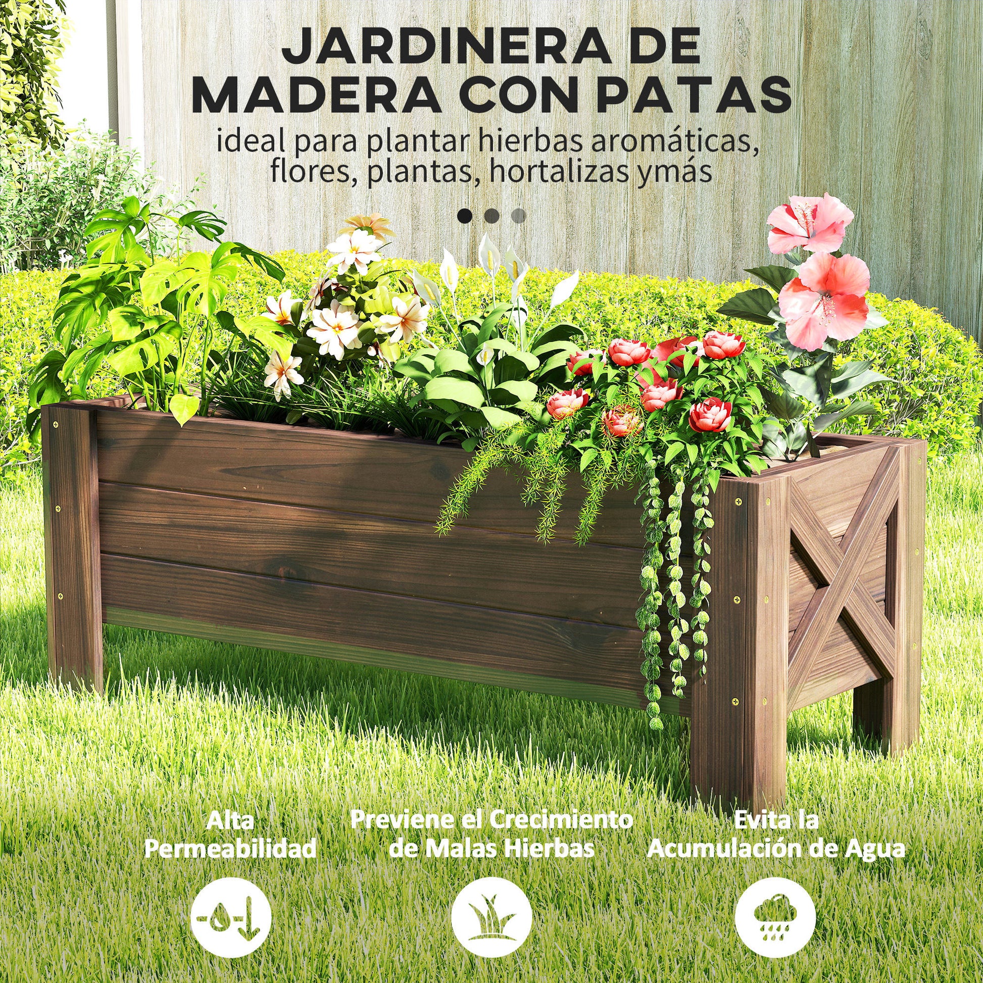 Outsunny Huerto Urbano Jardinera de Madera Jardinera Rectangular con Patas Elevadas y 2 Drenajes para Flores Plantas Cultivos 100x36,5x36 cm Marrón