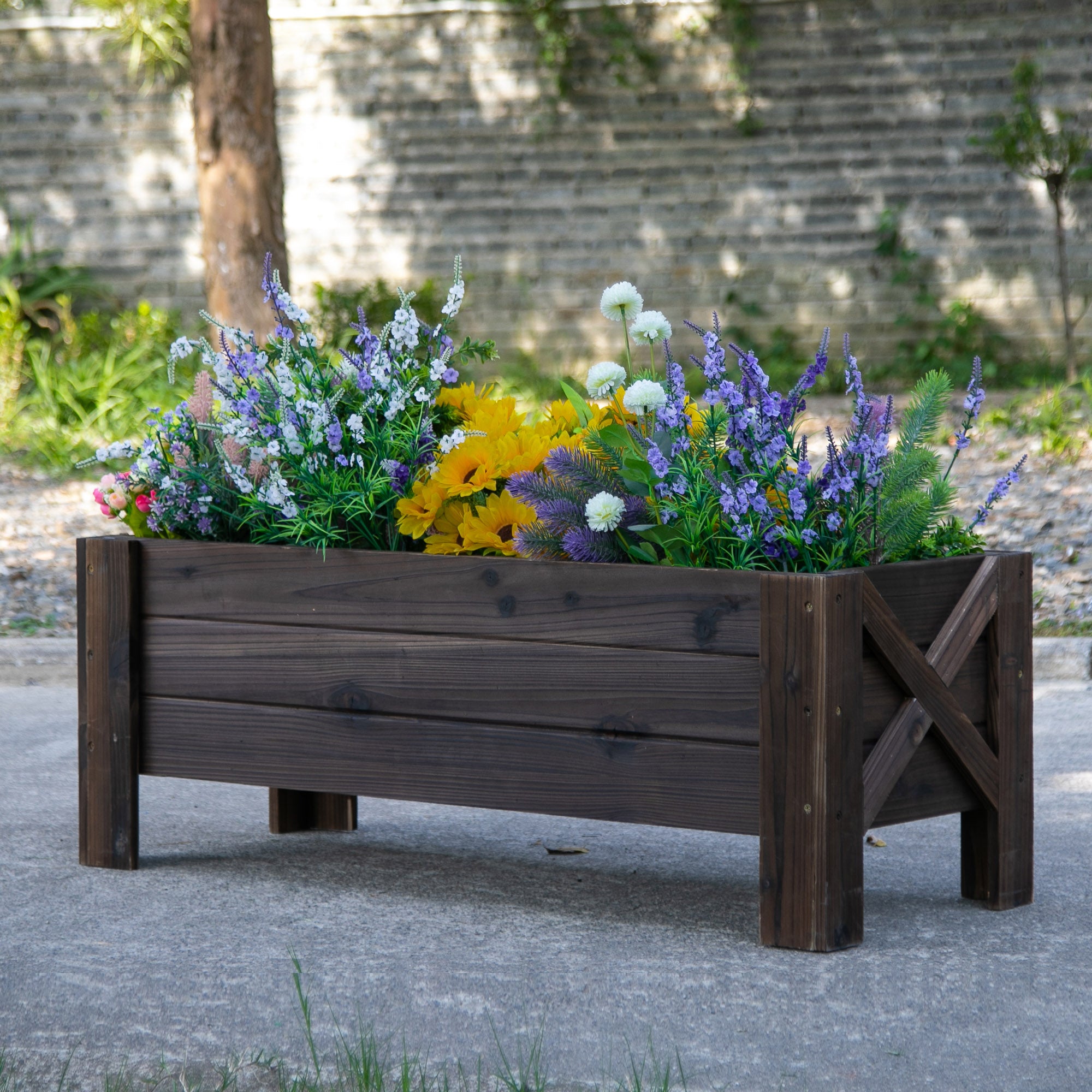 Outsunny Huerto Urbano Jardinera de Madera Jardinera Rectangular con Patas Elevadas y 2 Drenajes para Flores Plantas Cultivos 100x36,5x36 cm Marrón