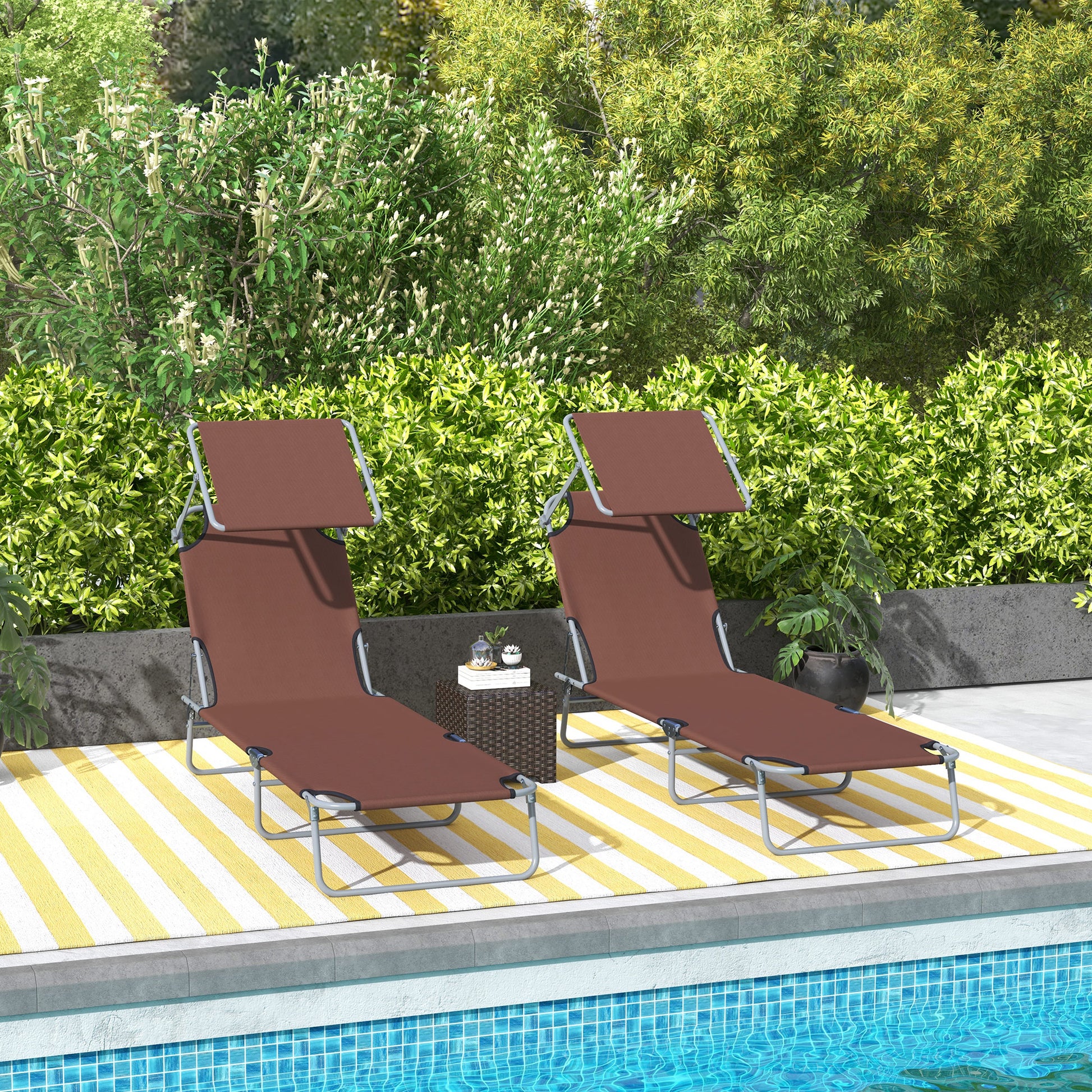 Outsunny Conjunto de 2 Tumbonas Plegables Tumbonas de Jardín Reclinables con Toldo Desmontable Respaldo Ajustable en 5 Niveles para Terraza Piscina 187x58x36 cm Marrón