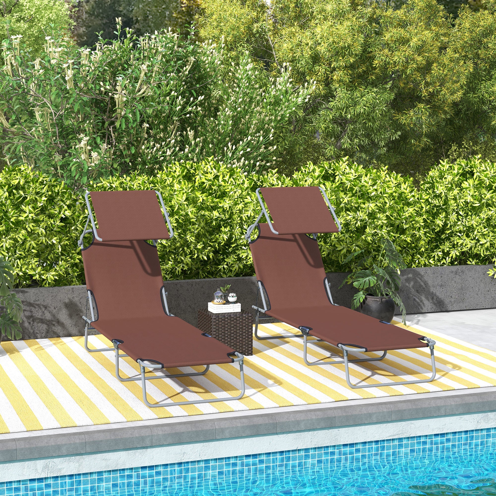 Outsunny Conjunto de 2 Tumbonas Plegables Tumbonas de Jardín Reclinables con Toldo Desmontable Respaldo Ajustable en 5 Niveles para Terraza Piscina 187x58x36 cm Marrón