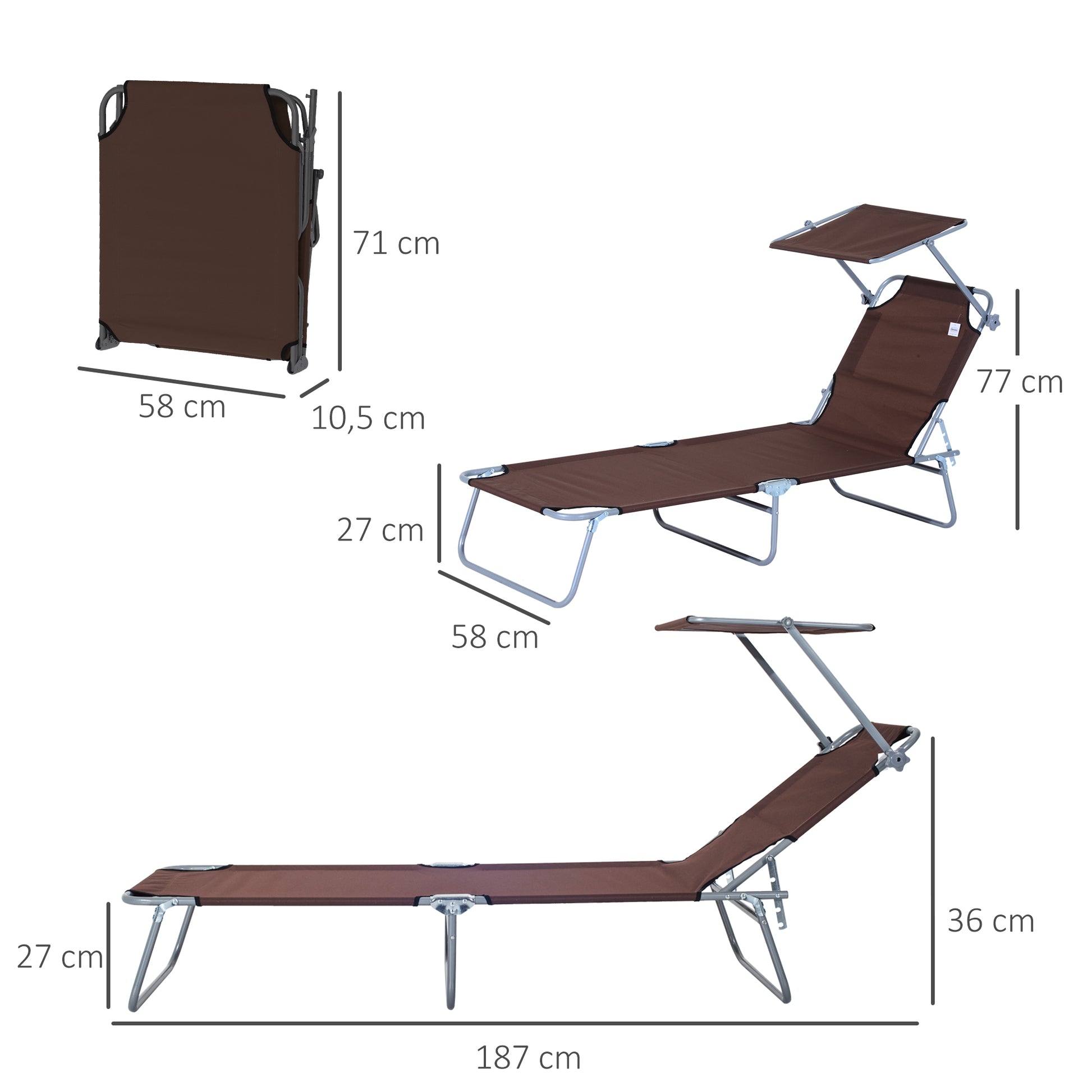 Outsunny Conjunto de 2 Tumbonas Plegables Tumbonas de Jardín Reclinables con Toldo Desmontable Respaldo Ajustable en 5 Niveles para Terraza Piscina 187x58x36 cm Marrón