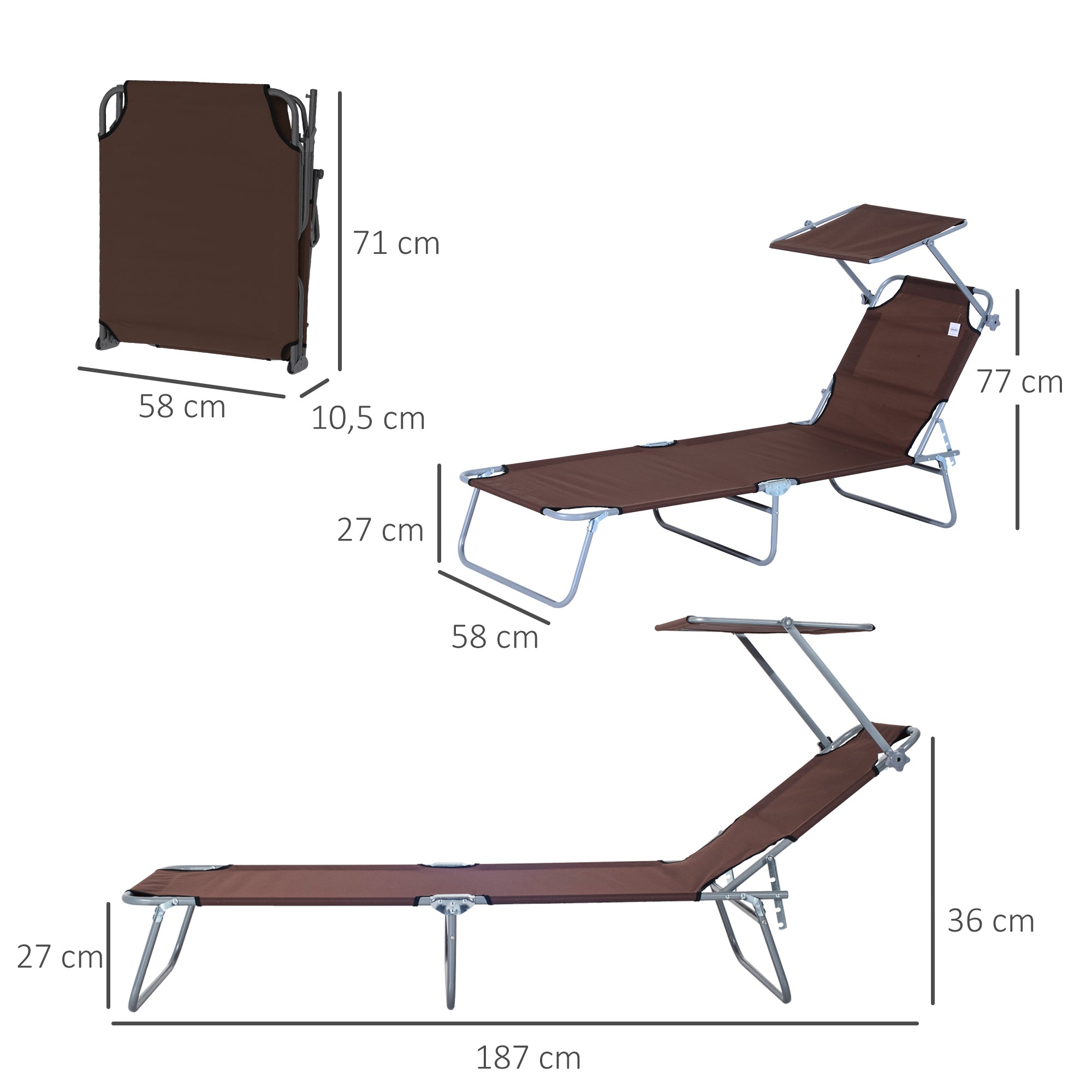 Outsunny Conjunto de 2 Tumbonas Plegables Tumbonas de Jardín Reclinables con Toldo Desmontable Respaldo Ajustable en 5 Niveles para Terraza Piscina 187x58x36 cm Marrón