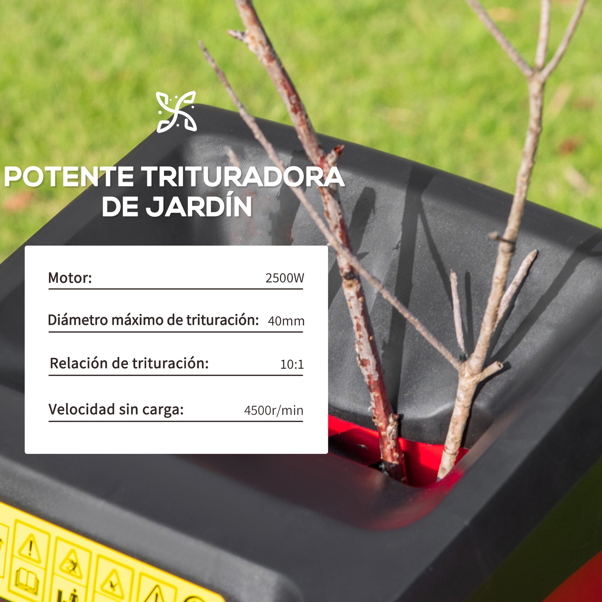 Outsunny Trituradora de Jardín 2500W con 2 Cuchillas de Volteo hasta Ø40 mm de Ramas Bolsa de Recolección de 50L y Ruedas para Malas Hierbas 52x39x89 cm Negro y Rojo