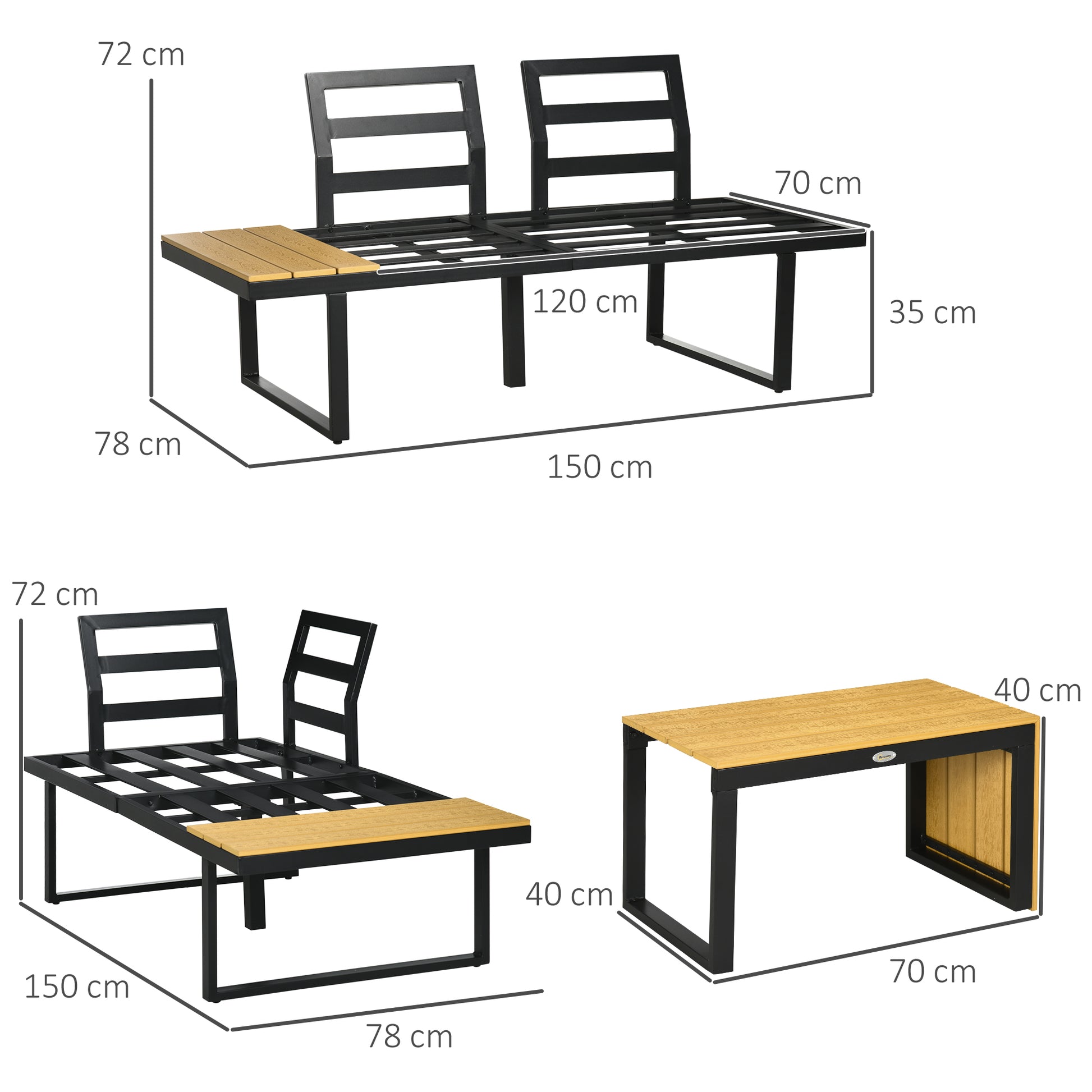 Outsunny Conjunto de Muebles de Jardín de Aluminio 3 Piezas Juego de Conversación Incluye 2 Sofás Esquineros con Cojines Mesa de Plástico Madera Gris