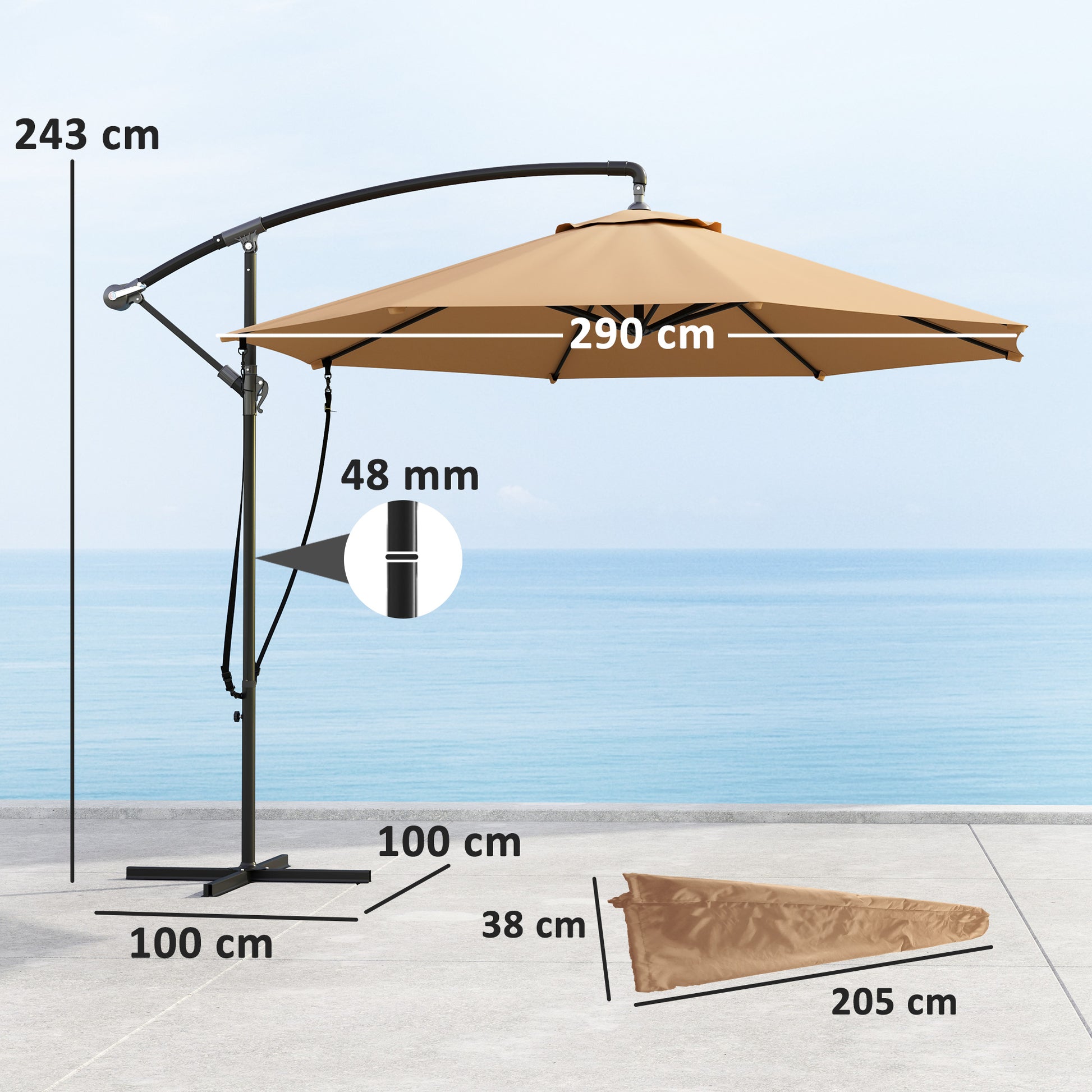 Outsunny Parasol Excéntrico Ø 290 cm Sombrilla de Jardín con Base Cruzada Manivela Funda para Sombrilla y Cuerda de Viento Anti-UV 50+ Sombrilla para Terraza Patio Caqui